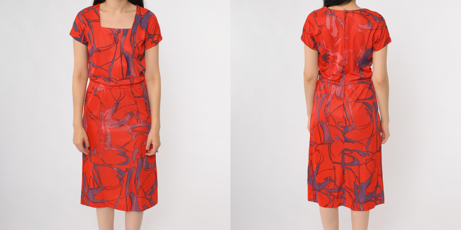 60s Abstract Geometric Dress Red Purple Square Neck A-Line Small