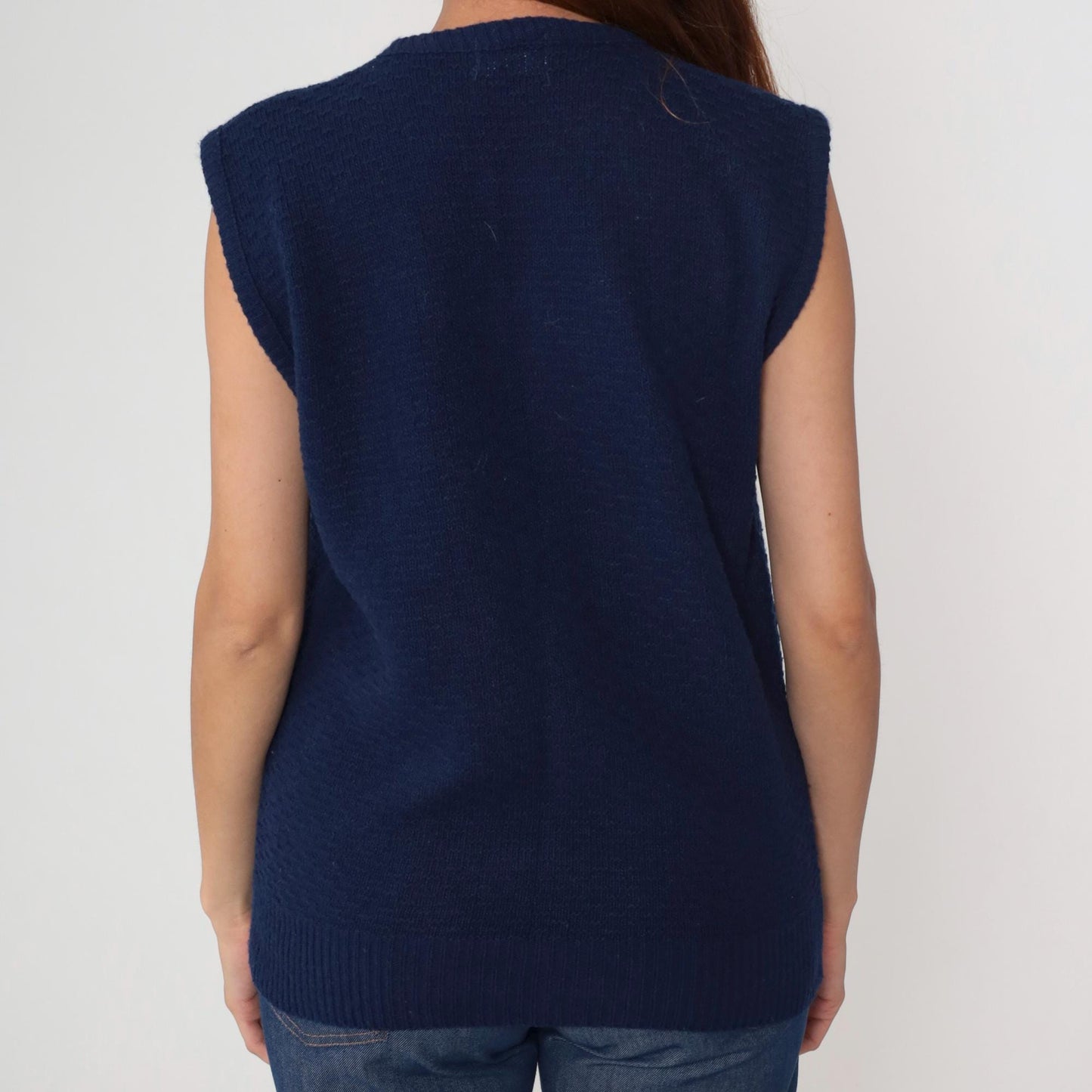 80s Navy Ribbed Knit Sweater Vest Scoop Neck Sleeveless Tank Large L