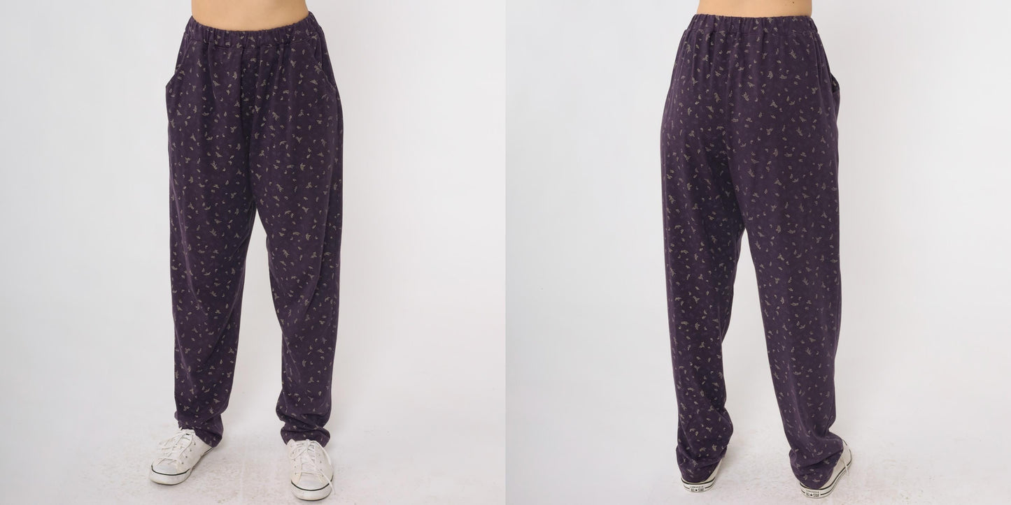 90s Bobbie Brooks Purple Floral Pajama Pants Elastic Waist Large L