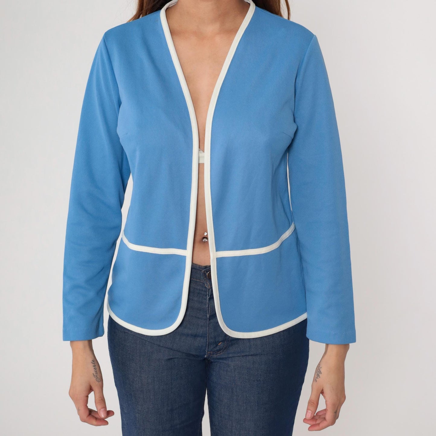 70s Lady Blair Blue Jacket White Piping Open Front Long Sleeve Medium