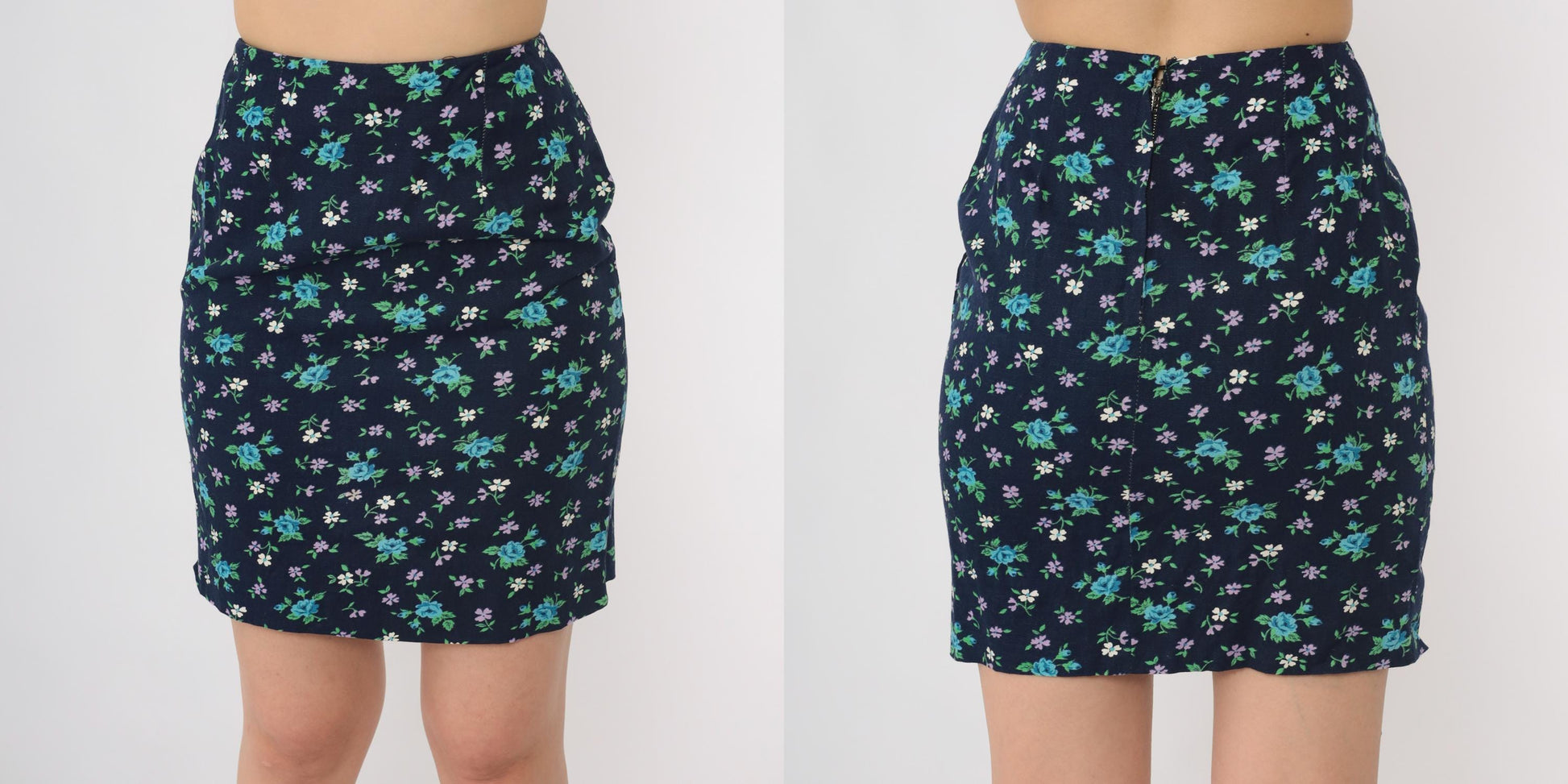 60s Navy Ditsy Floral Mini Skirt High Waist Straight Cut Cotton Blend Extra Small XS