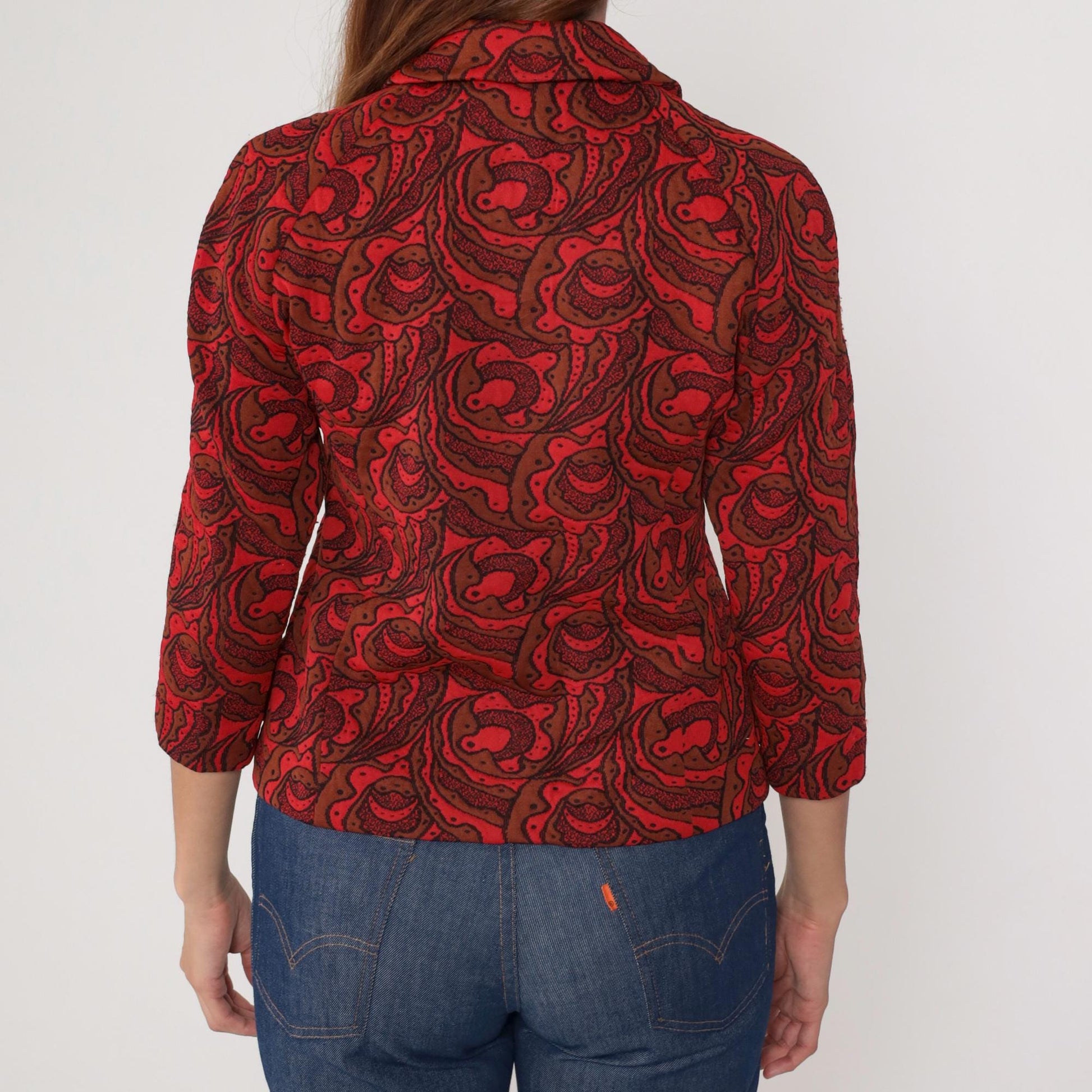 70s Lincoln Center Paisley Print Jacket Red Brown Button Front Medium