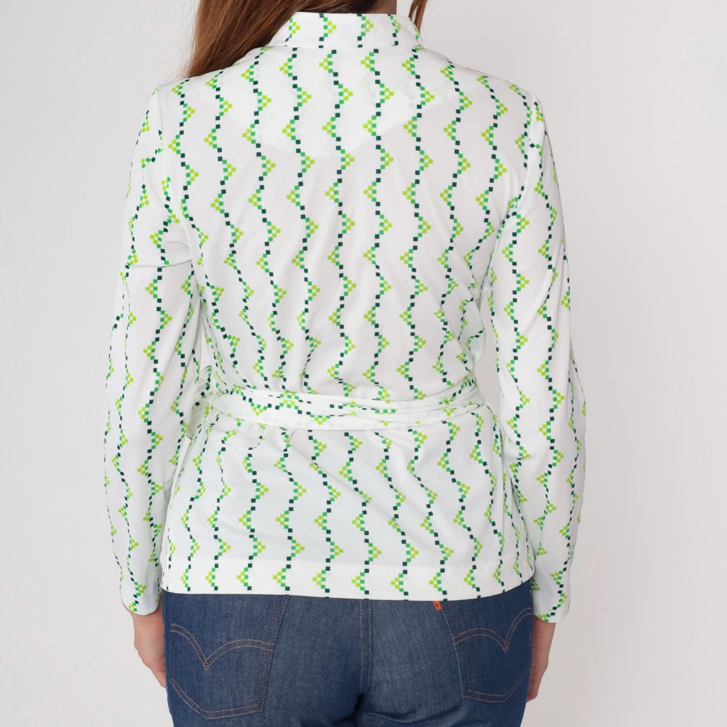 70s White Green Geometric Zigzag Blouse V Neck Wrap Tie Waist Small