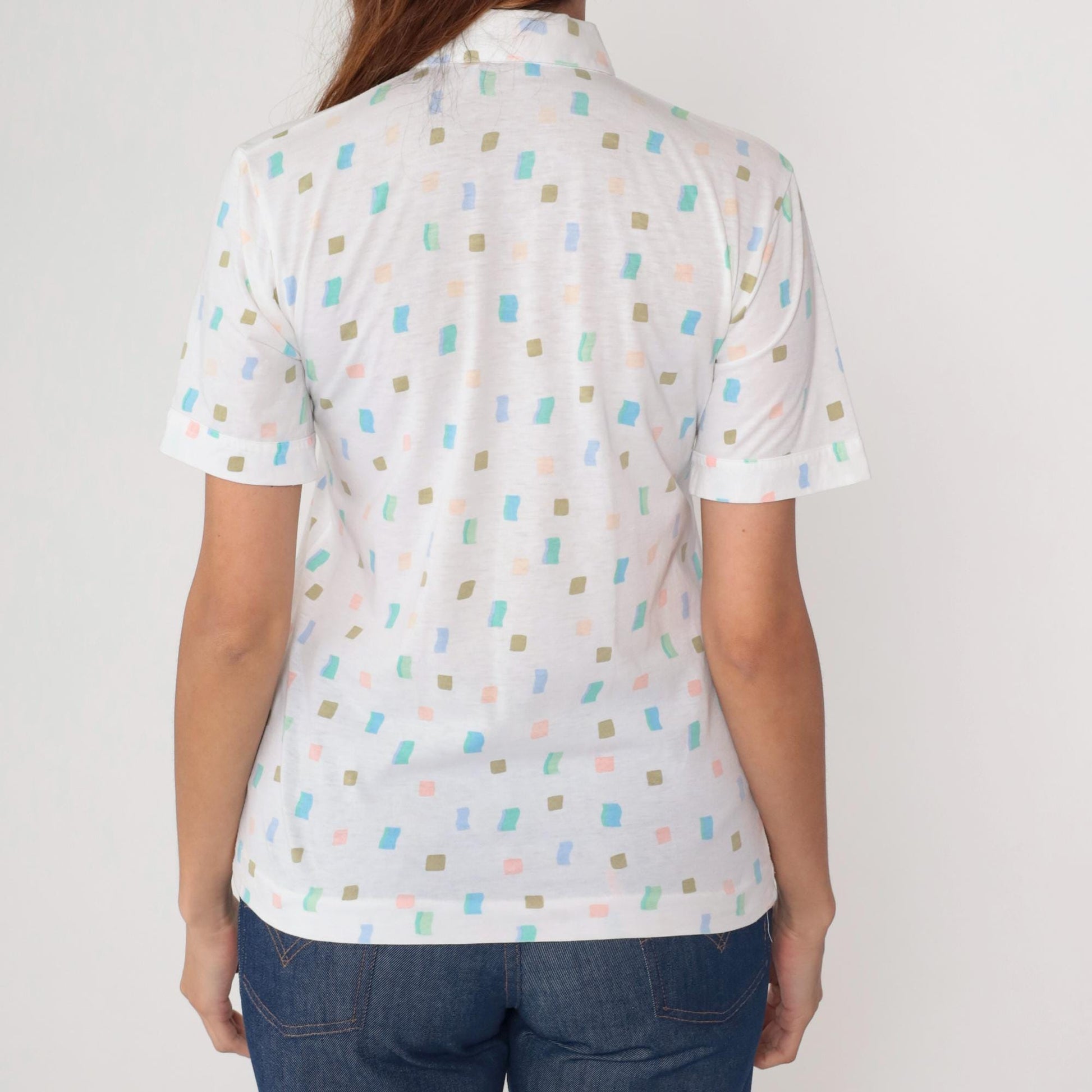 80s Leon Levin Polo Shirt White Geometric Pastel Collared Small S