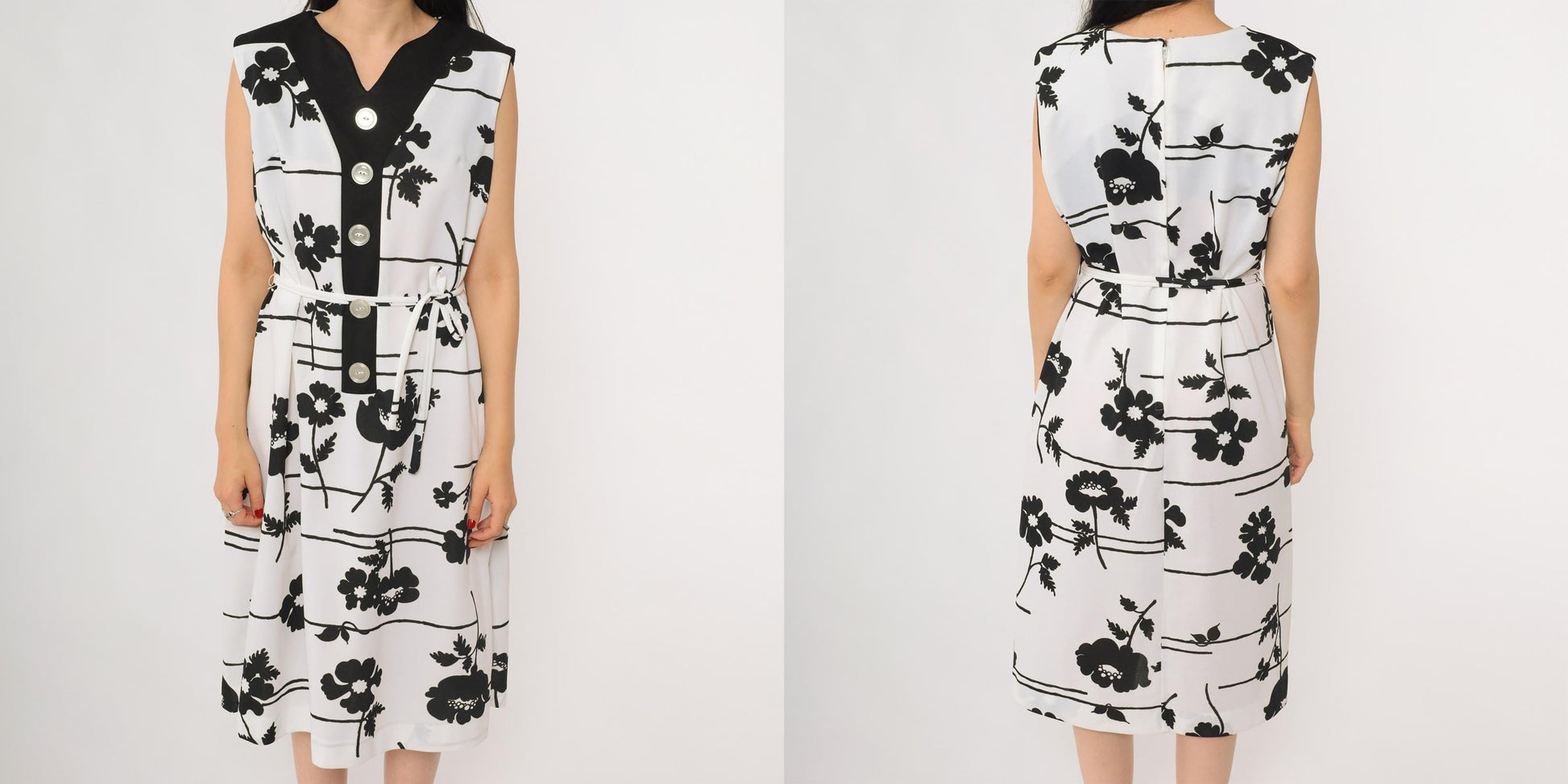 70s Prissy Black White Floral Botanical A-Line Dress Button Front Extra Large XL