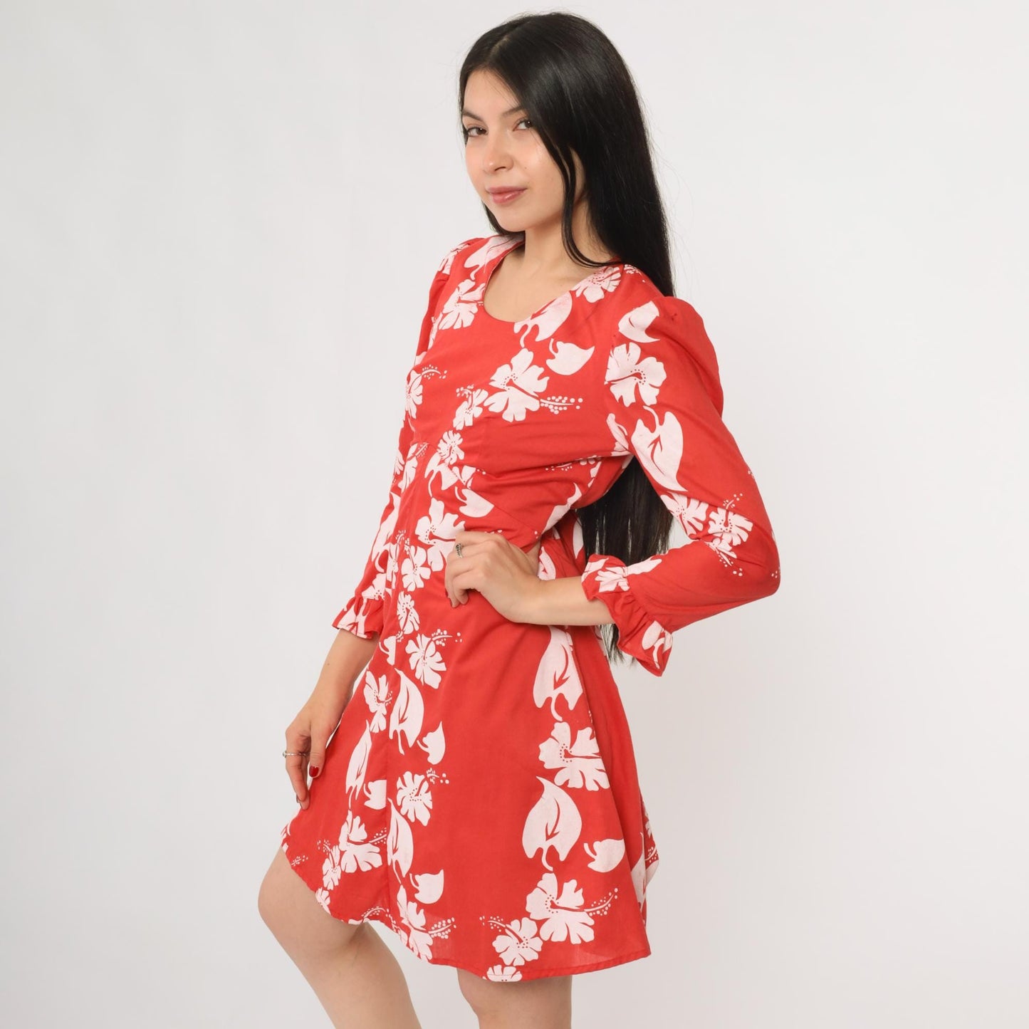 70s Hawaiian Hibiscus Floral Dress Red White Long Sleeve Ruffle Medium