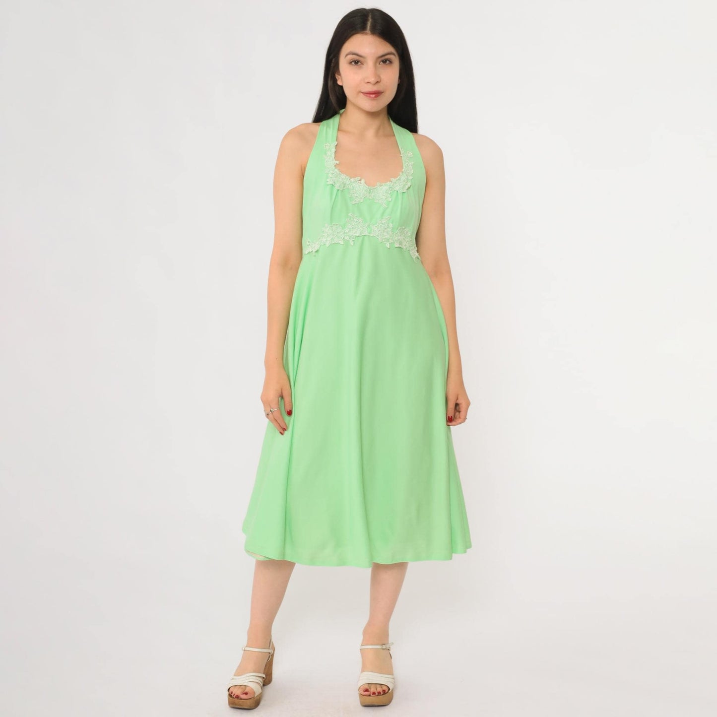 70s Green Halter Midi Dress Floral Lace Trim Sleeveless Summer Medium