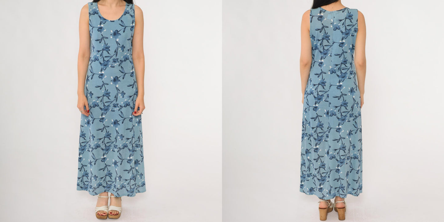 90s Blue Floral Maxi Dress Sleeveless Tank Scoop Neckline Medium M