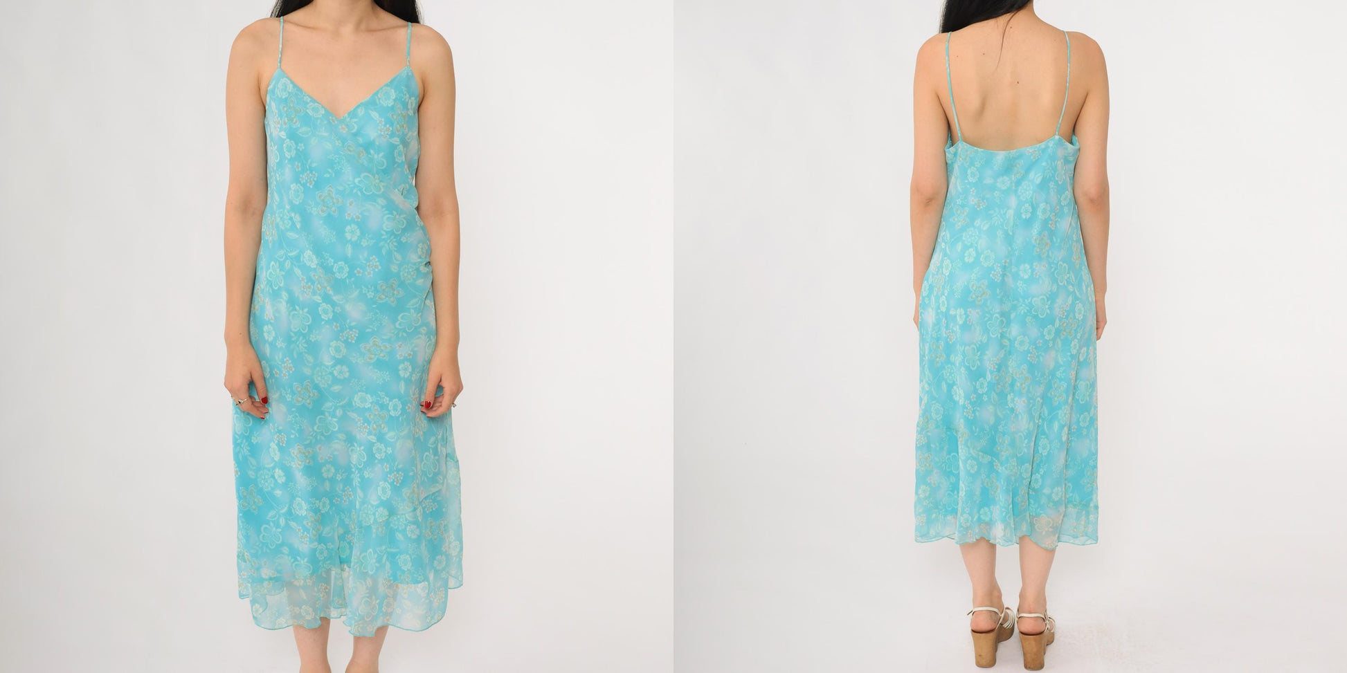 Y2K New York & Company Aqua Floral Slip Dress Midi Spaghetti Strap Large