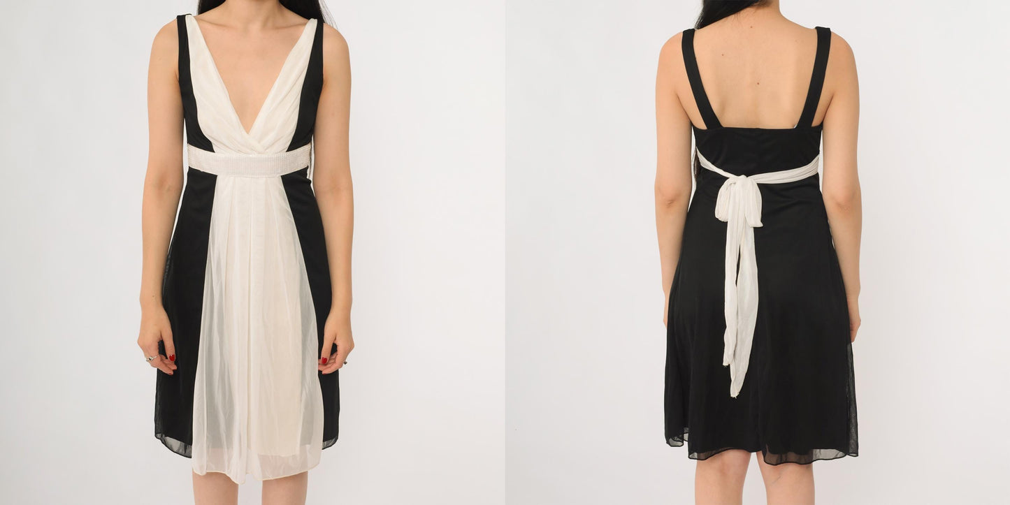 Y2K Ruby Rox Black Cream Colorblock Mini Dress Deep V Empire Waist Small