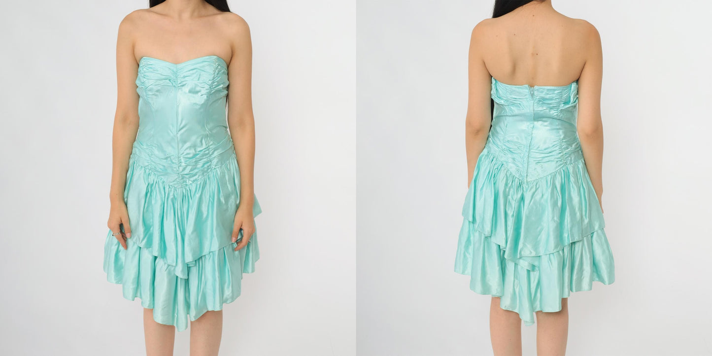 90s Roberta Mint Satin Strapless Mini Dress Tiered Ruffle Sweetheart Neckline Extra Small XS