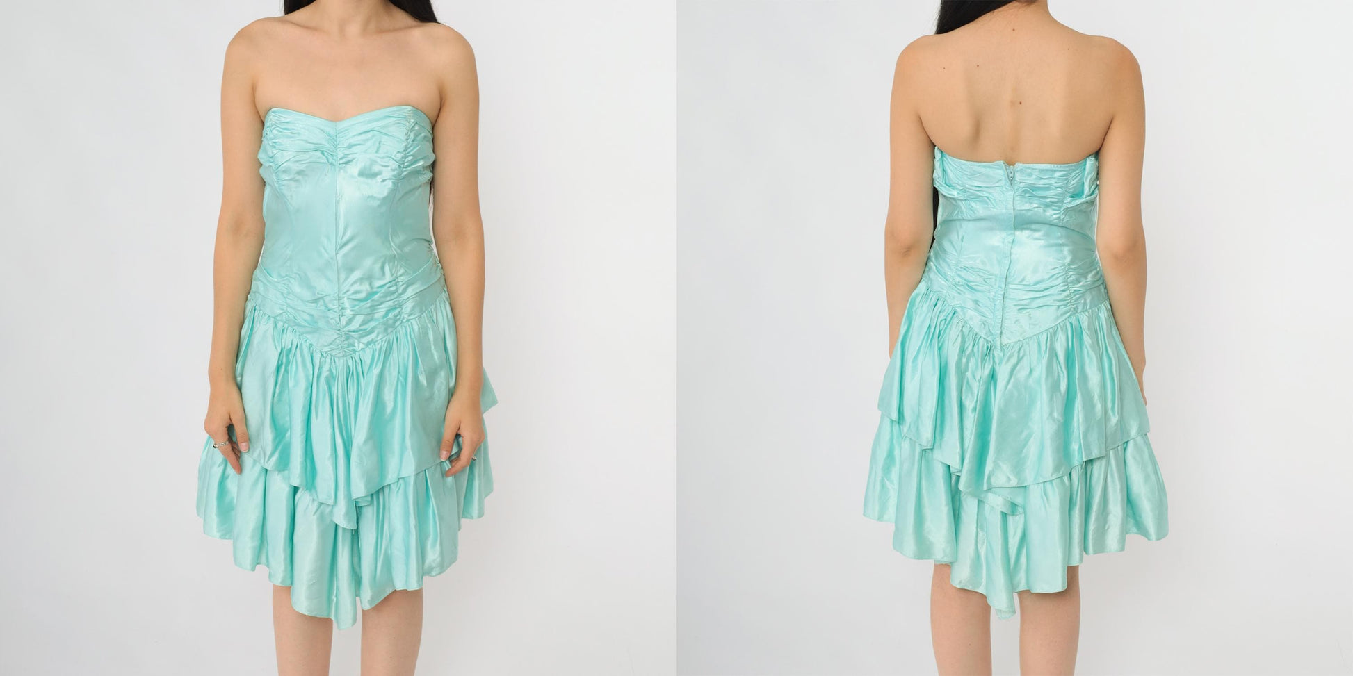 90s Roberta Mint Satin Strapless Mini Dress Tiered Ruffle Sweetheart Neckline Extra Small XS