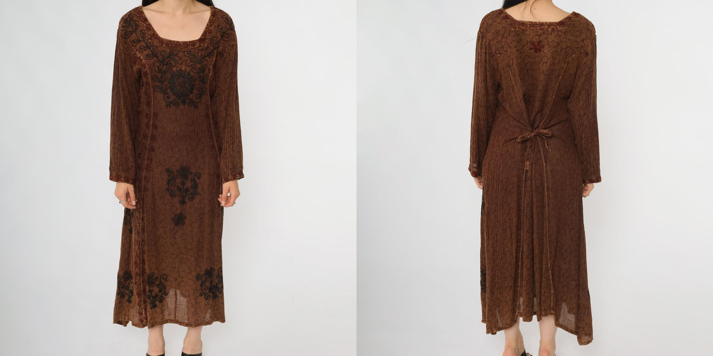 Y2K Brown Floral Embroidered Midi Dress Square Neck Long Sleeve Medium