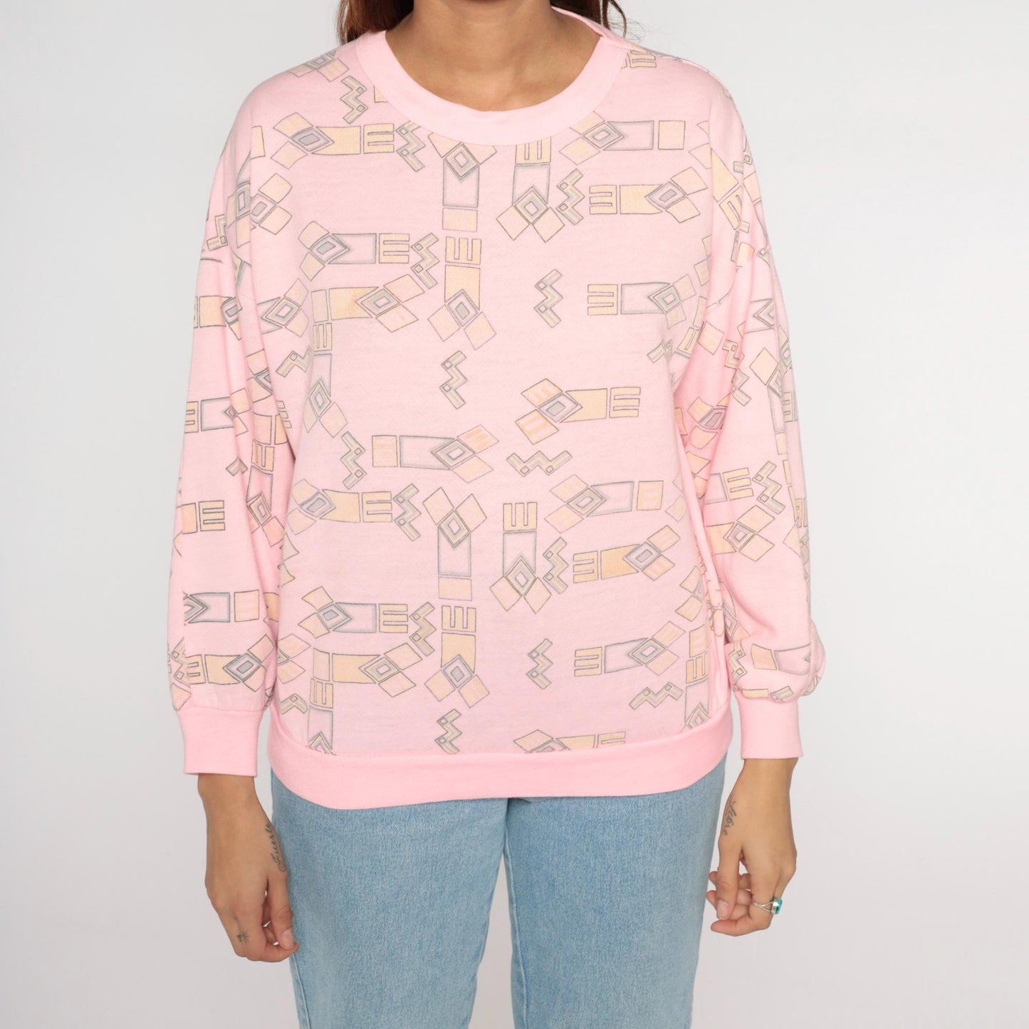 90s Julie Girl Pink Geometric Sweatshirt Crew Neck Abstract Pattern Small