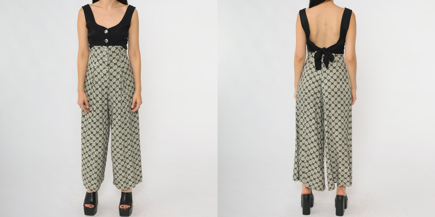 90s Alyn Paige Black Floral Jumpsuit Wide Leg V-Neck Rayon Small