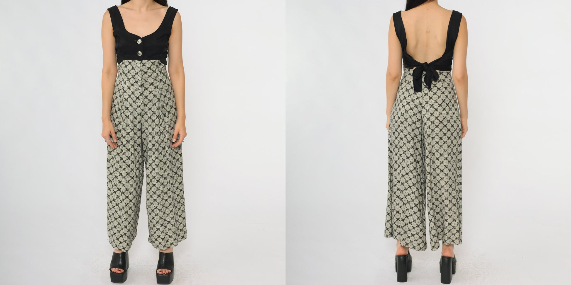 90s Alyn Paige Black Floral Jumpsuit Wide Leg V-Neck Rayon Small