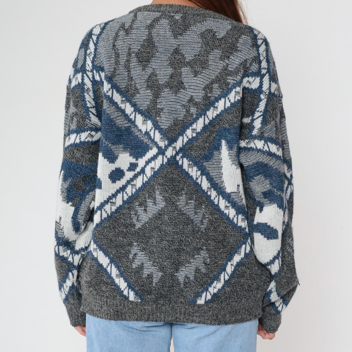 80s Geometric Sweater Crewneck Knit Grey Blue Southwestern Diamond Pattern Large L