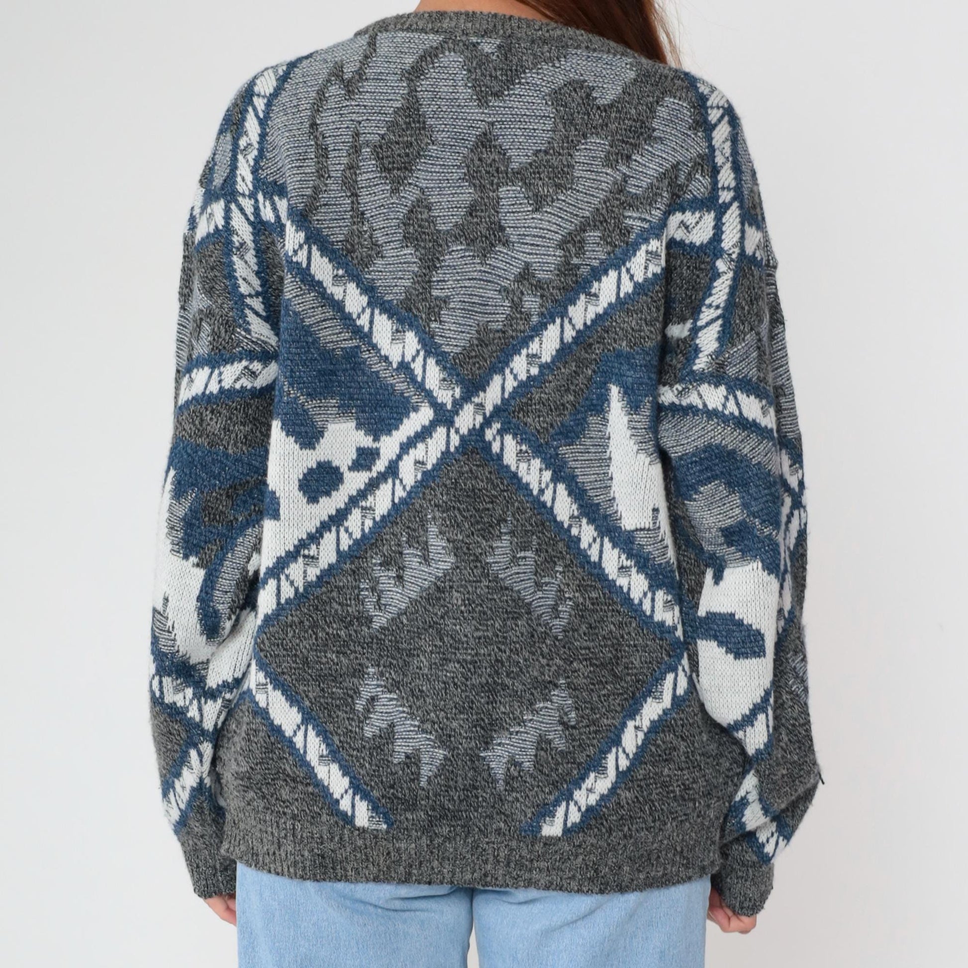 80s Geometric Sweater Crewneck Knit Grey Blue Southwestern Diamond Pattern Large L
