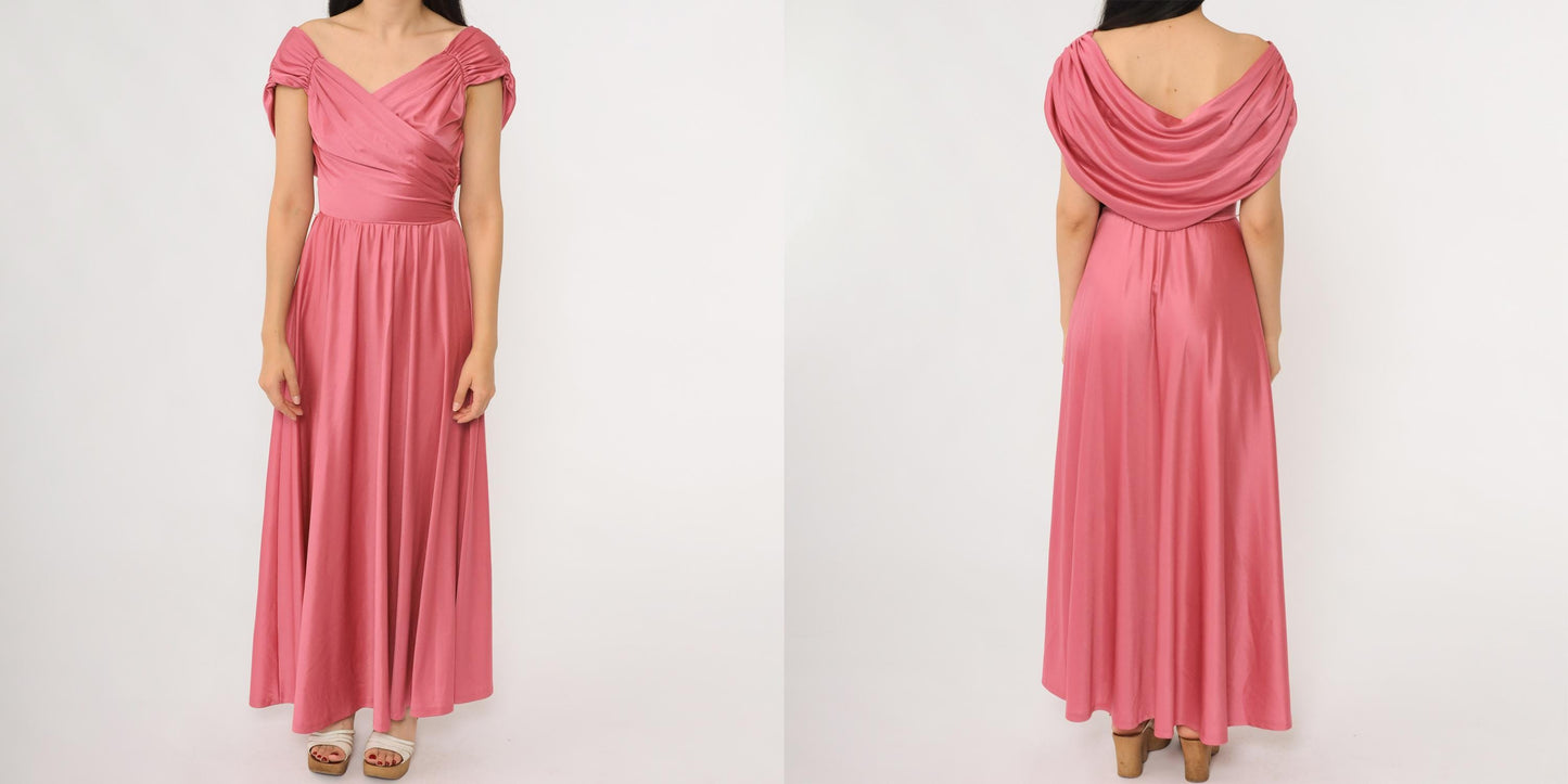 70s Coral Pink Maxi Dress Draped V-Neck Wrap Floor Length Extra Small XS