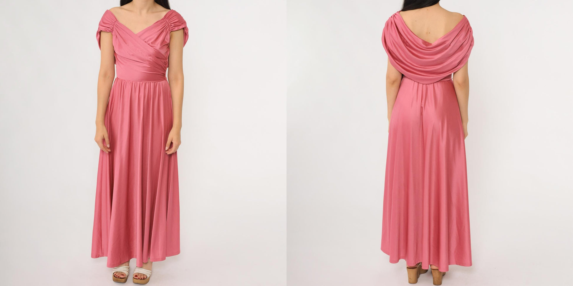 70s Coral Pink Maxi Dress Draped V-Neck Wrap Floor Length Extra Small XS