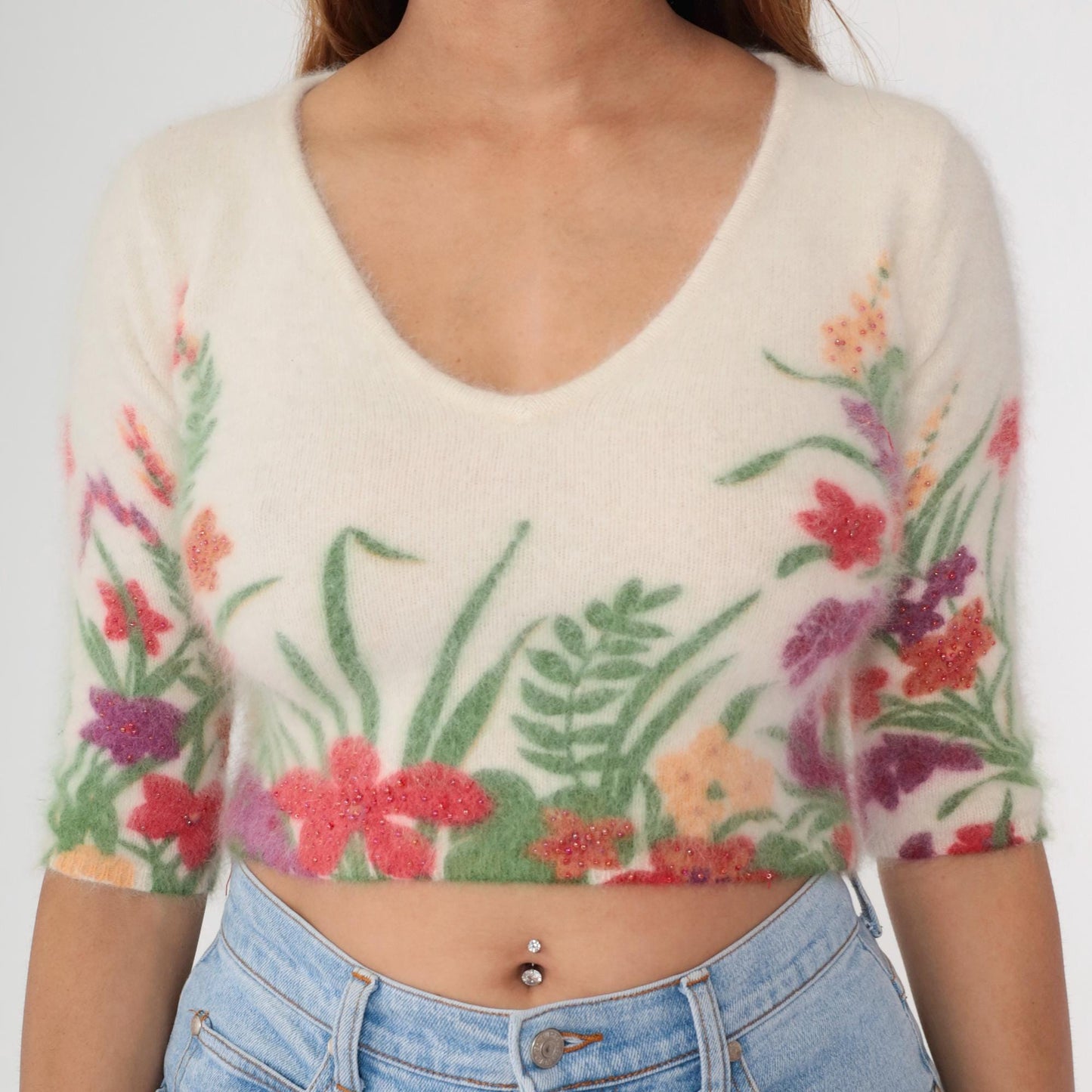Y2K Cream Floral Crop Top Angora Embroidered V-Neck Extra Small XS