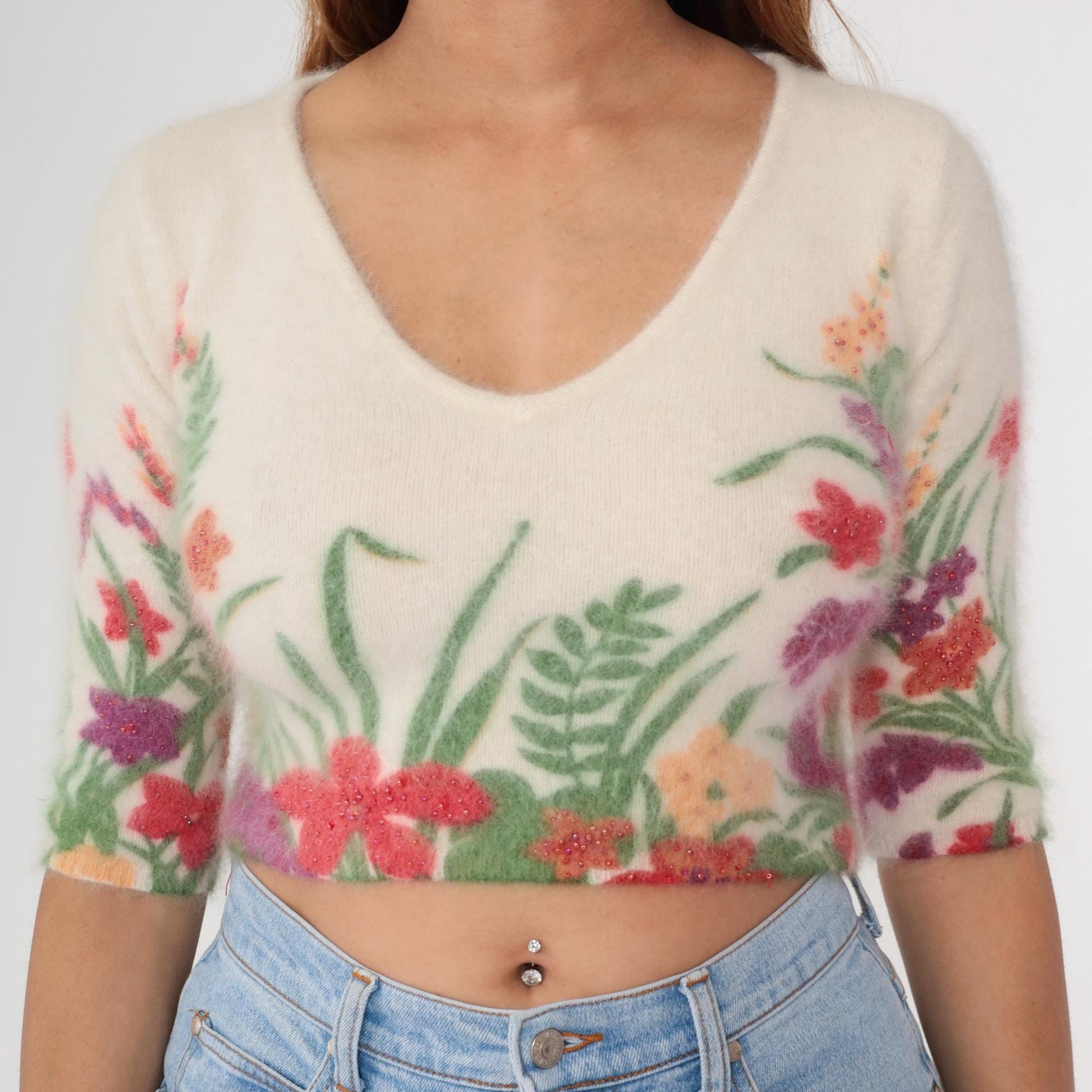 Y2K Cream Floral Crop Top Angora Embroidered V-Neck Extra Small XS