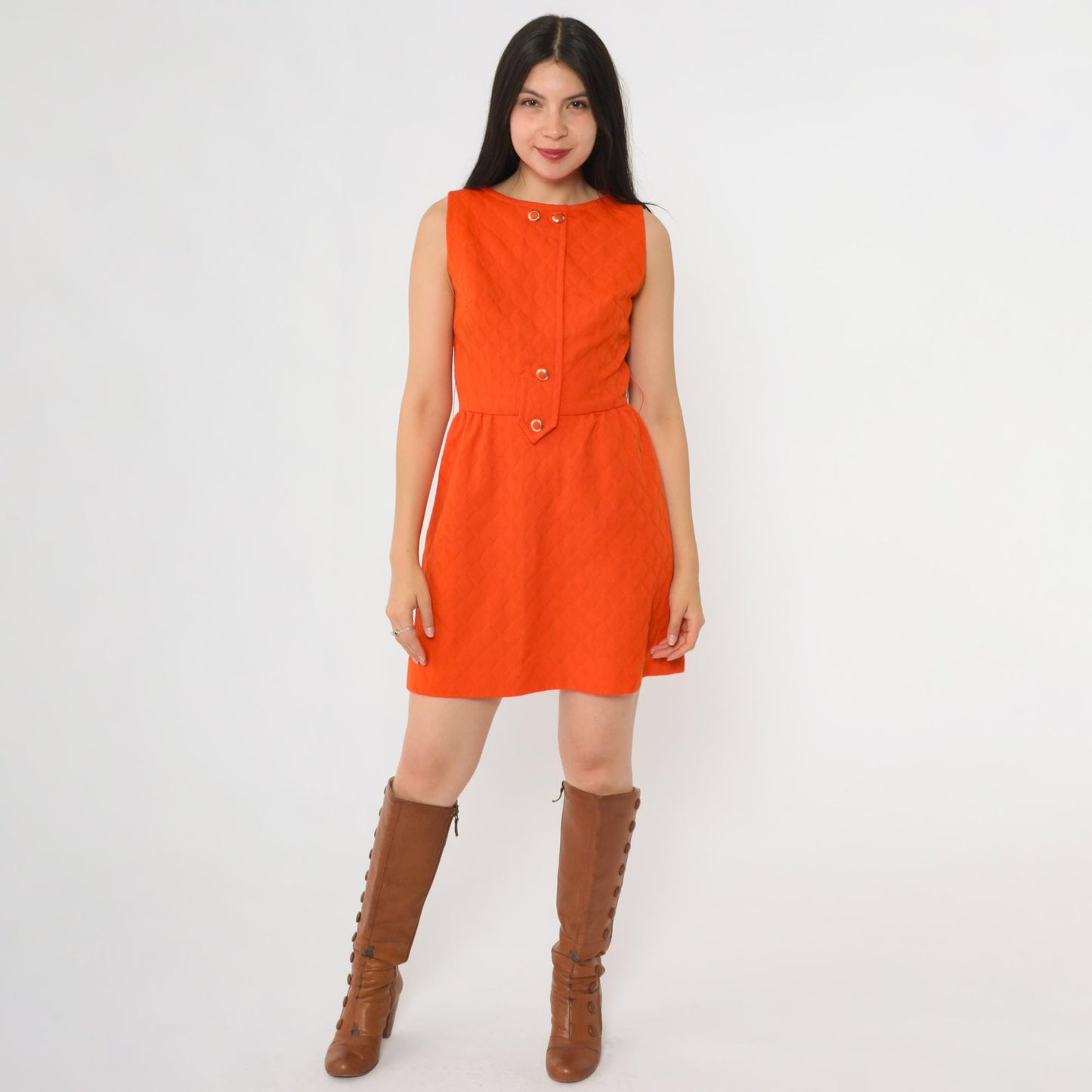 60s Orange Mod Mini Shift Dress A n R Jr Gold Button XS