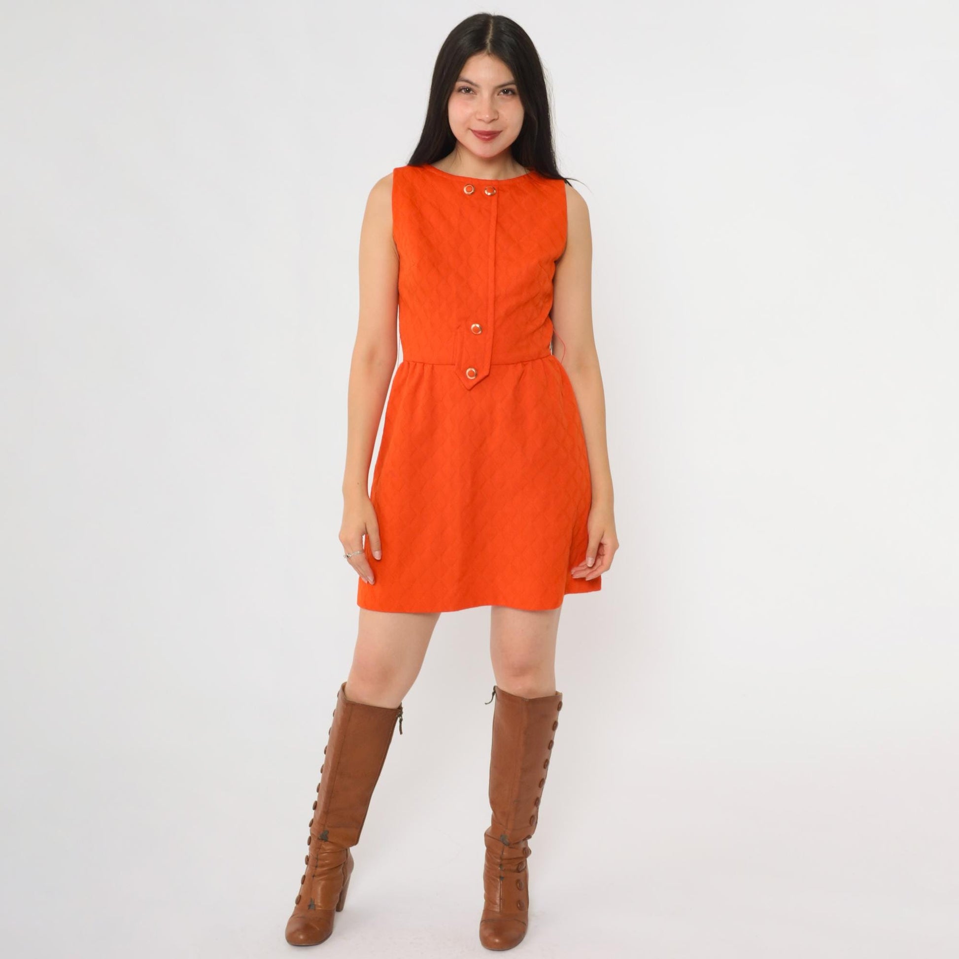 60s Orange Mod Mini Shift Dress A n R Jr Gold Button XS