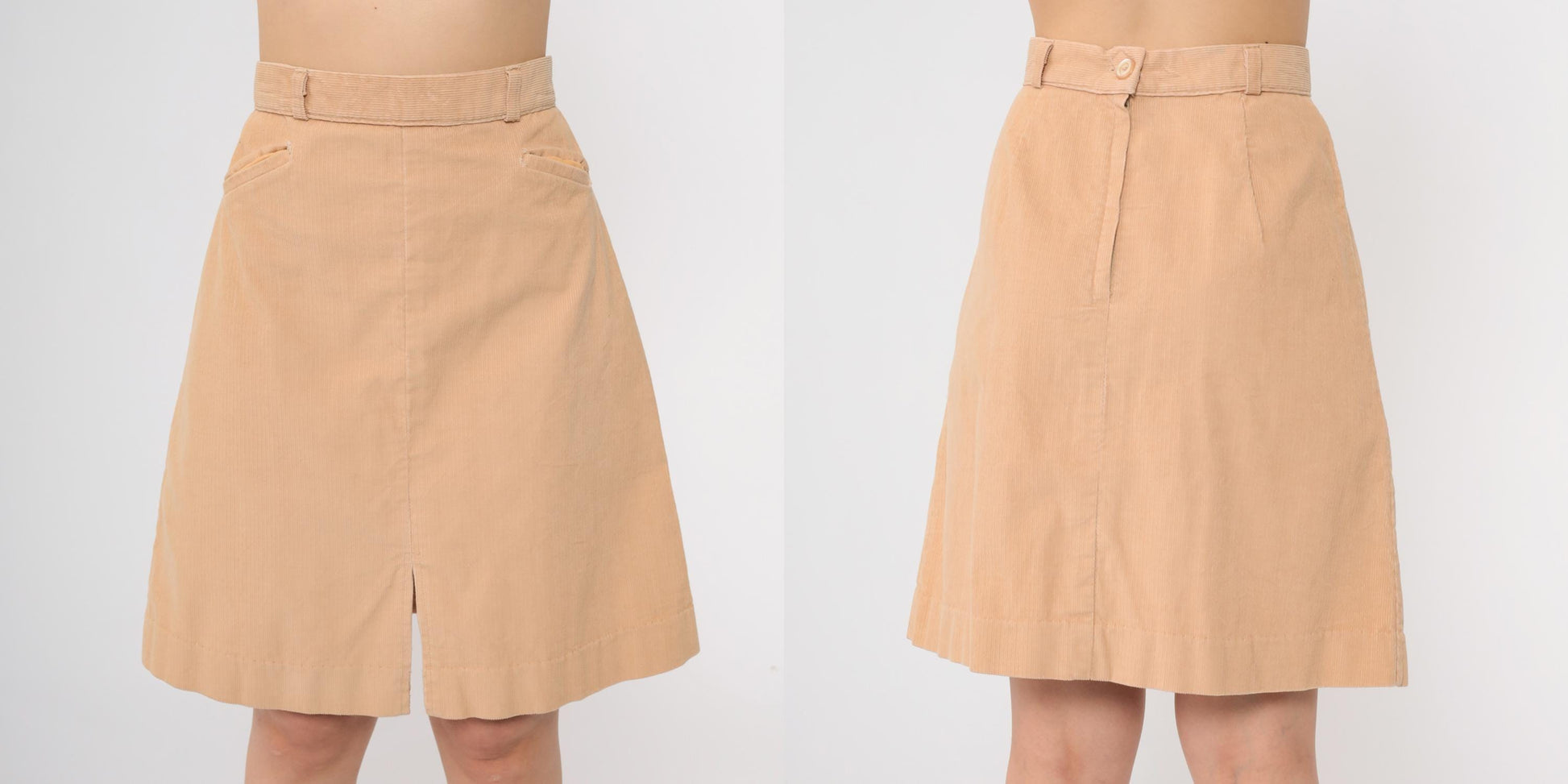 80s Tan Corduroy A-Line Skirt High Waisted Mini Front Slit Small S