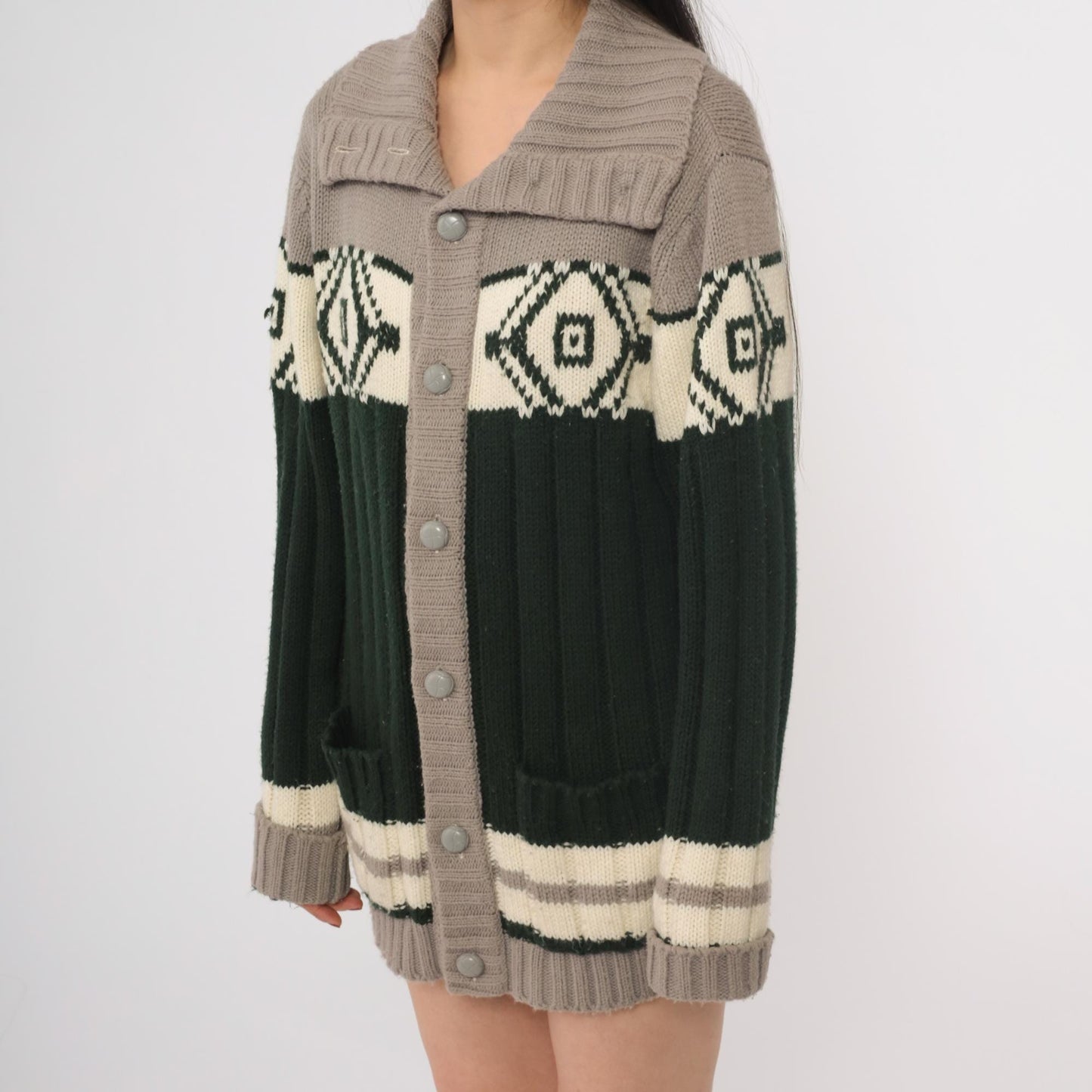 70s Sigallo Cardigan Sweater Taupe Green Diamond Shawl Collar Large L