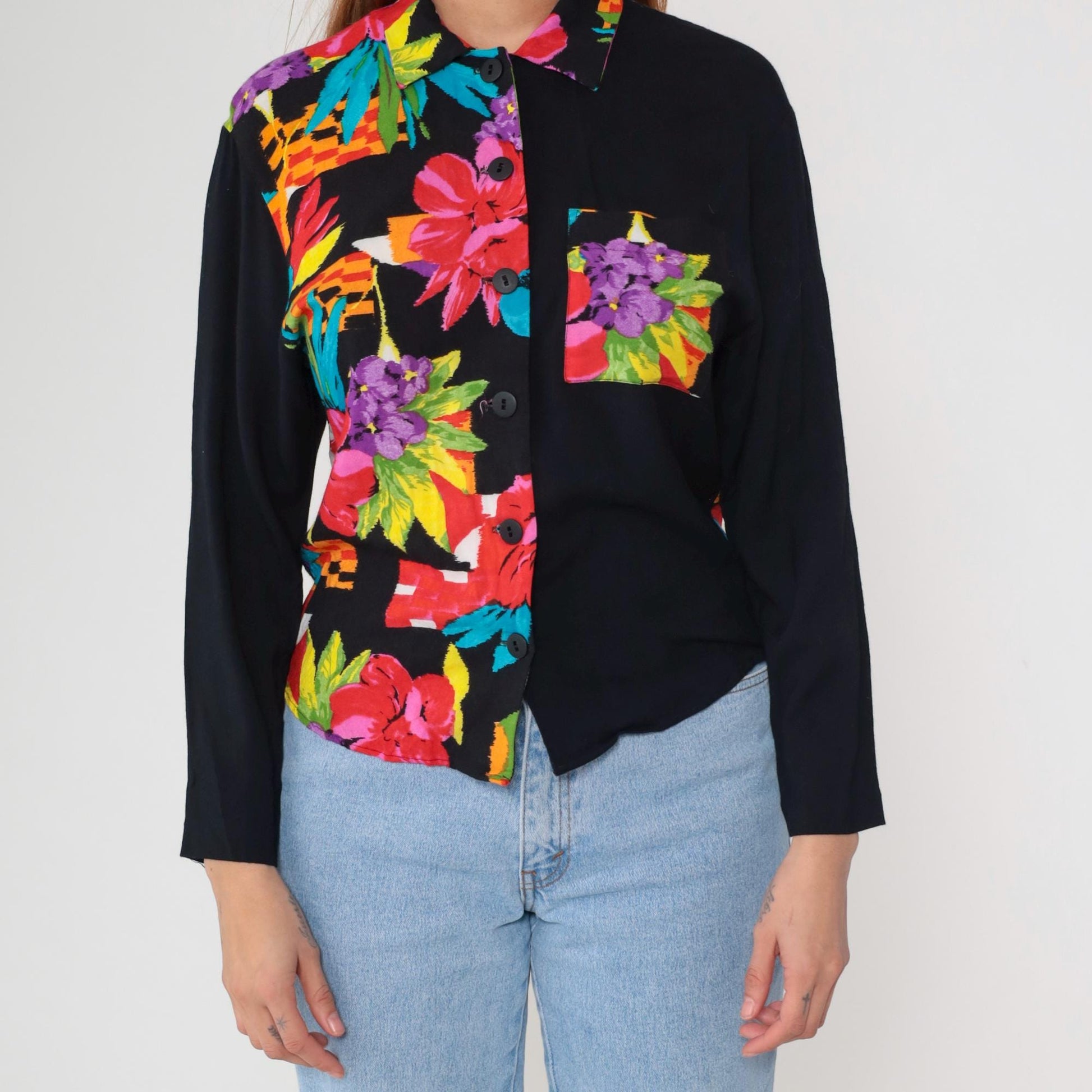 90s F Stop Floral Blouse Black Rayon Hibiscus Print Button-Up Small S