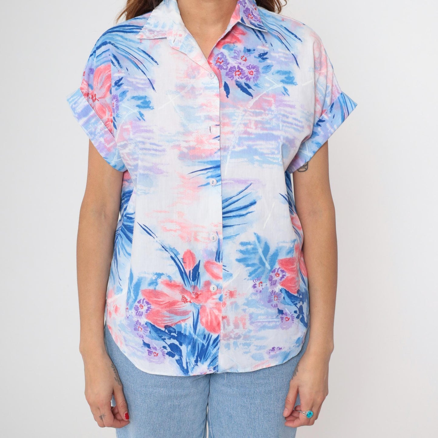 90s Watercolor Floral Button-Up Blouse Short Sleeve Collared Shirt Medium M