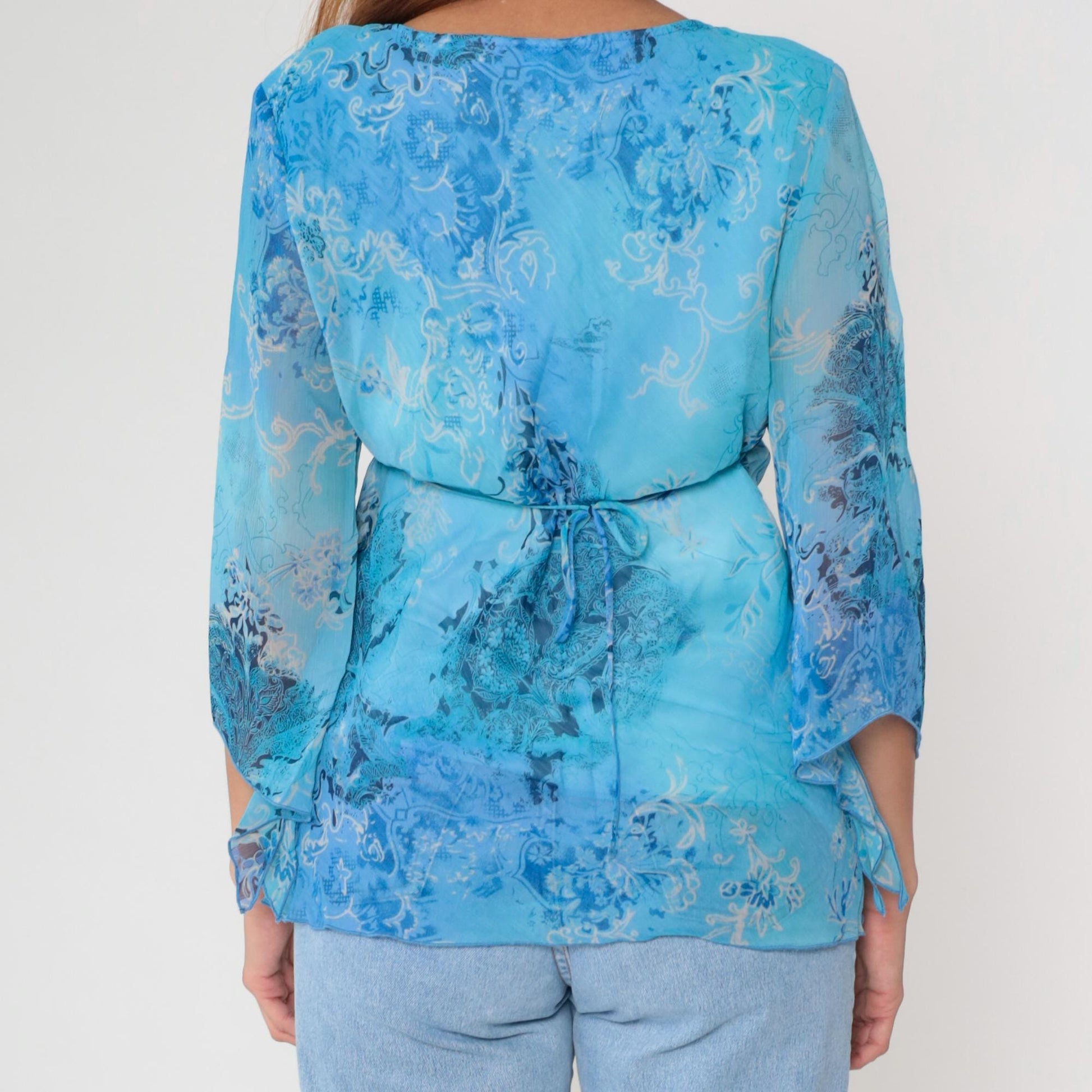 Y2K Dressbarn Wrap Top Blue Paisley Floral V-Neck Three Quarter Sleeve Large L