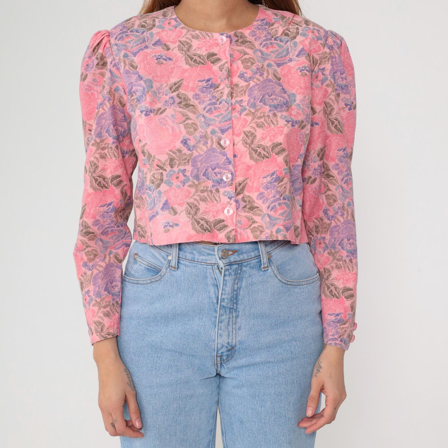 90s Alison J Floral Cropped Blouse Pink Purple Rose Puff Sleeve Medium