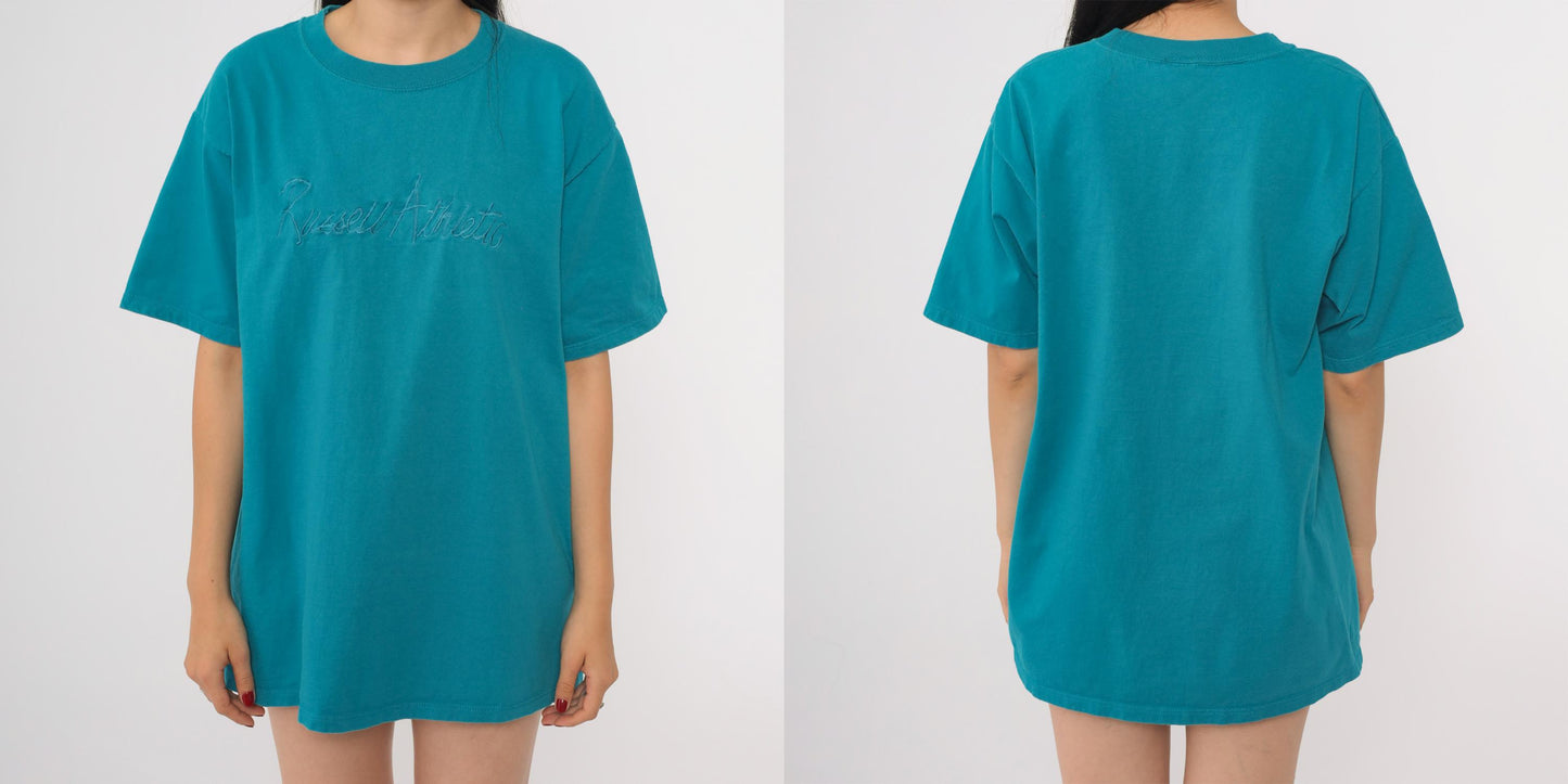 90s Russell Athletic Teal Embroidered Logo T-Shirt Cotton Crew Neck Large L