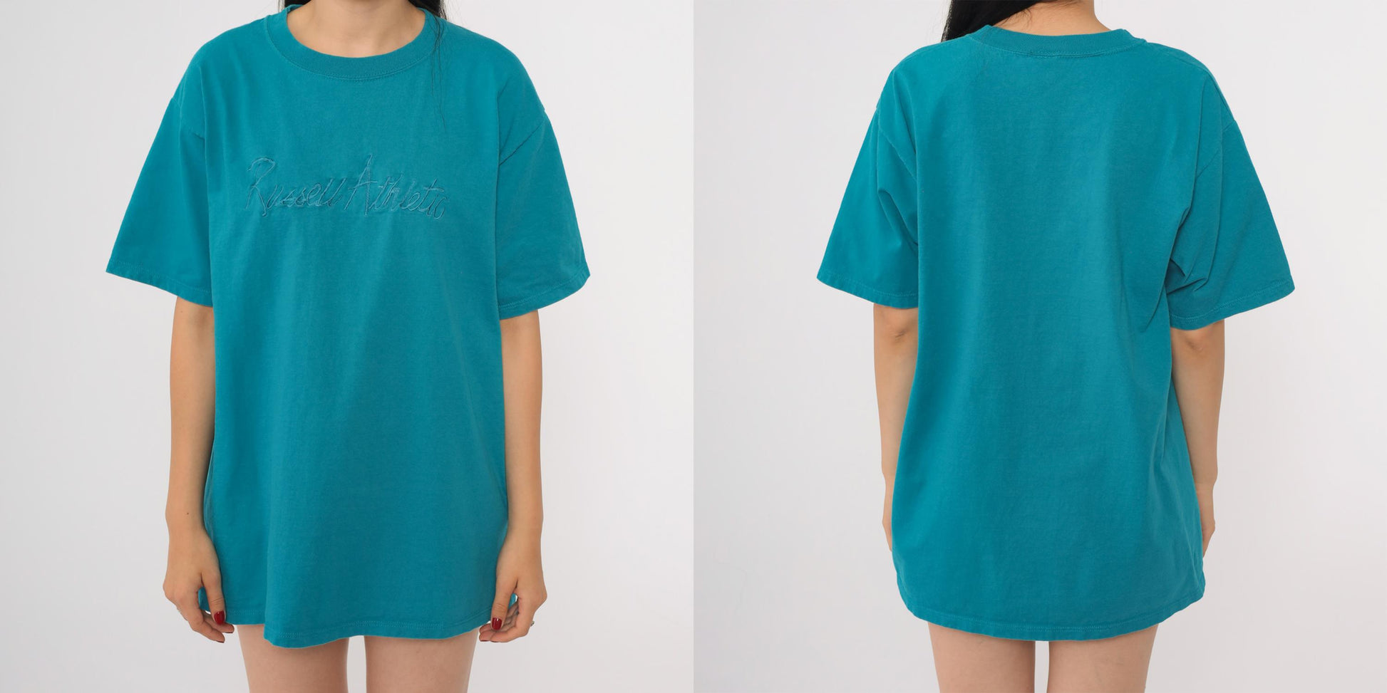 90s Russell Athletic Teal Embroidered Logo T-Shirt Cotton Crew Neck Large L
