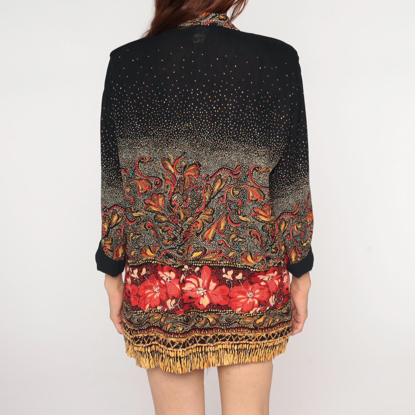 90s Paisley Kimono Cardigan Black Red Gold Floral Open Front Medium M