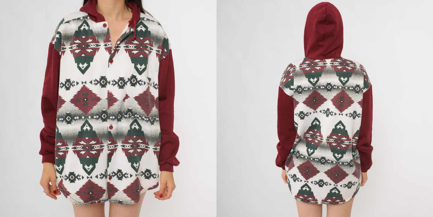 90s Mo Mart Tribal Geometric Burgundy Hoodie Sweatshirt Medium M