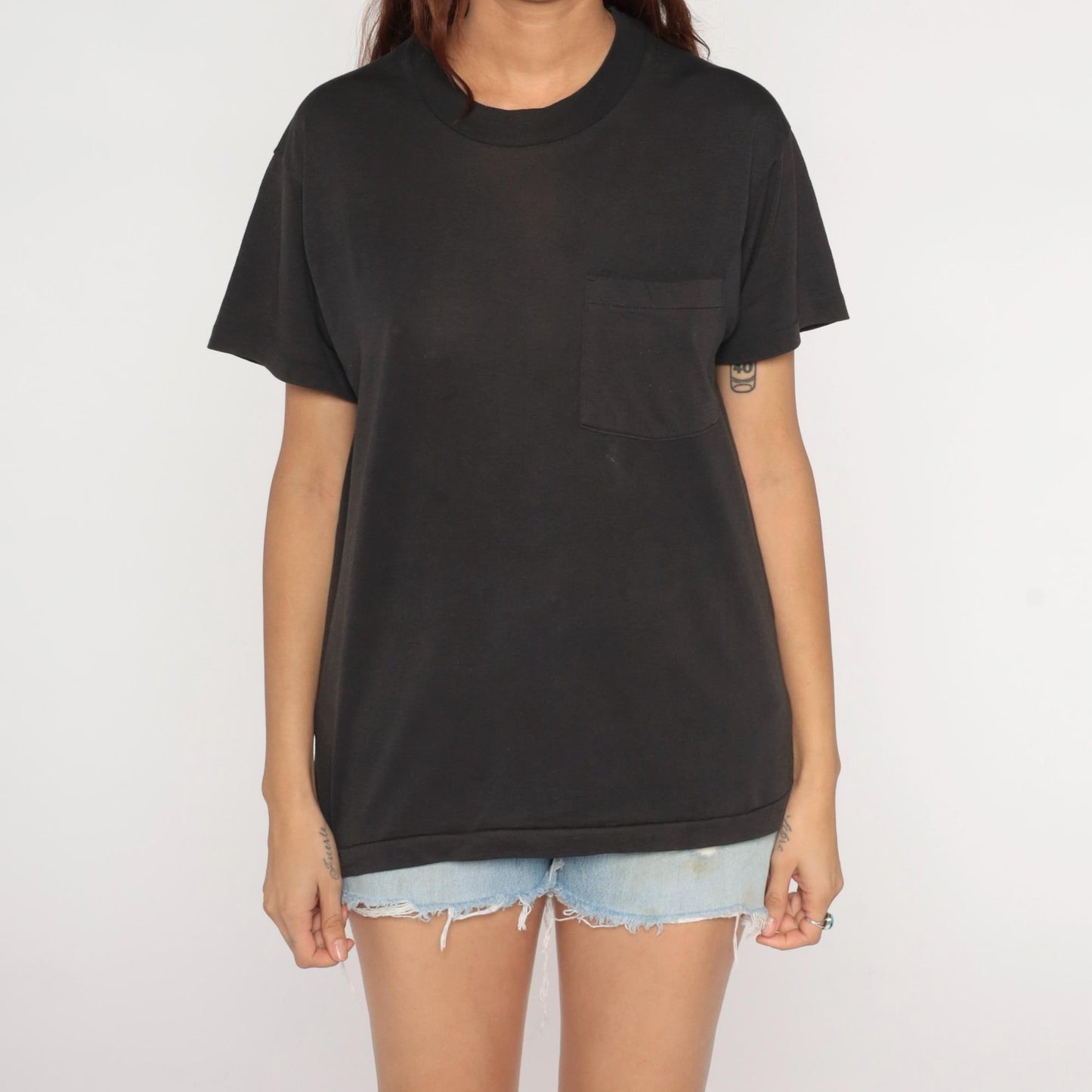 90s Black Pocket T-Shirt Cotton Blend Crewneck Small Medium