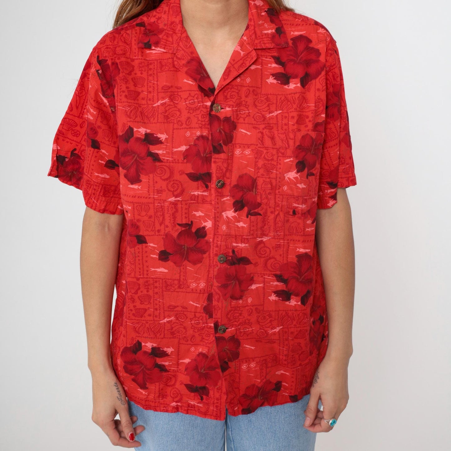 70s Hawaiian Shirt Red Floral Hibiscus Fish Print Cotton Button Up Medium