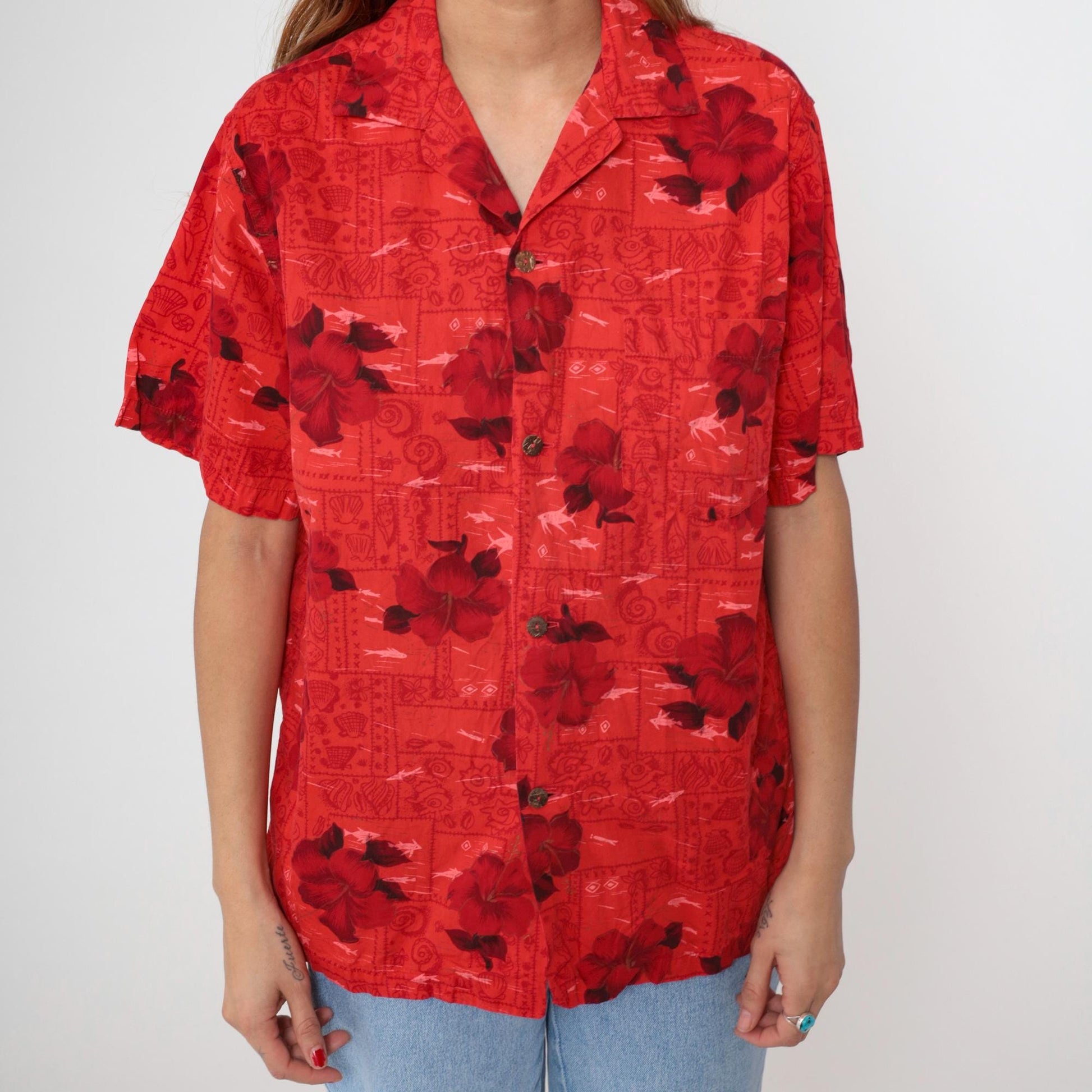 70s Hawaiian Shirt Red Floral Hibiscus Fish Print Cotton Button Up Medium