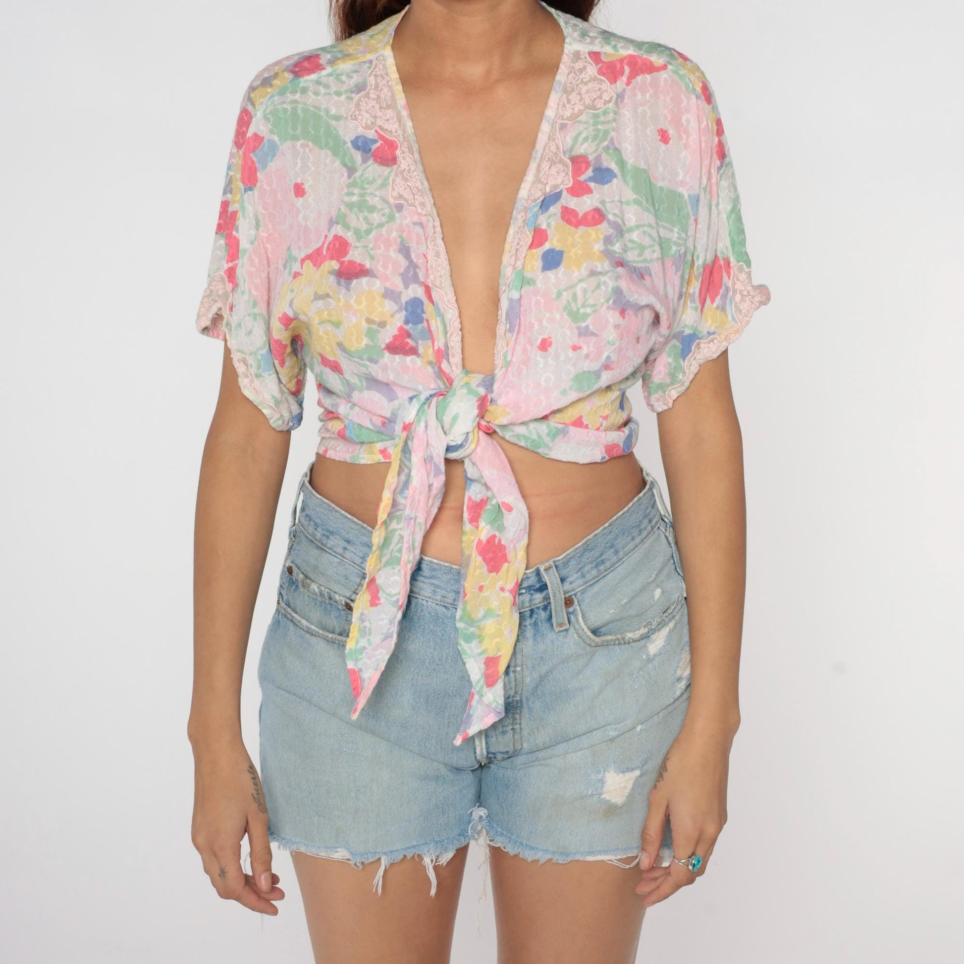 90s Pastel Floral Watercolor Crop Top Tie Front Kimono Sleeve Medium Large
