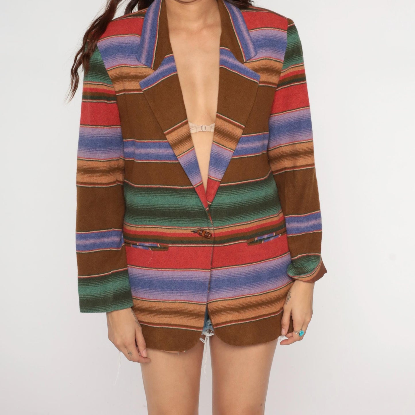 90s Southwestern Stripe Blazer Brown Blue Red Green Single Button Medium