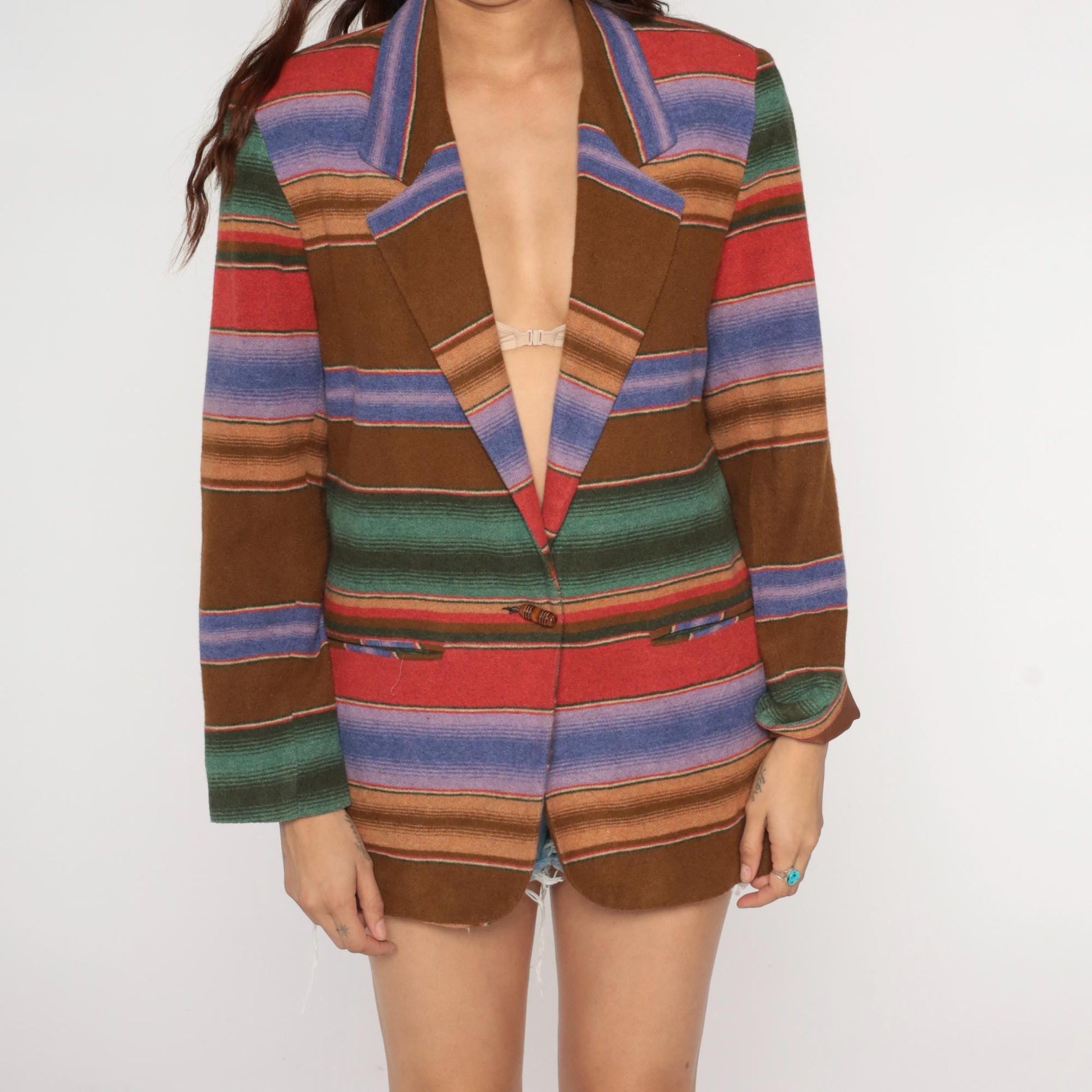 90s Southwestern Stripe Blazer Brown Blue Red Green Single Button Medium