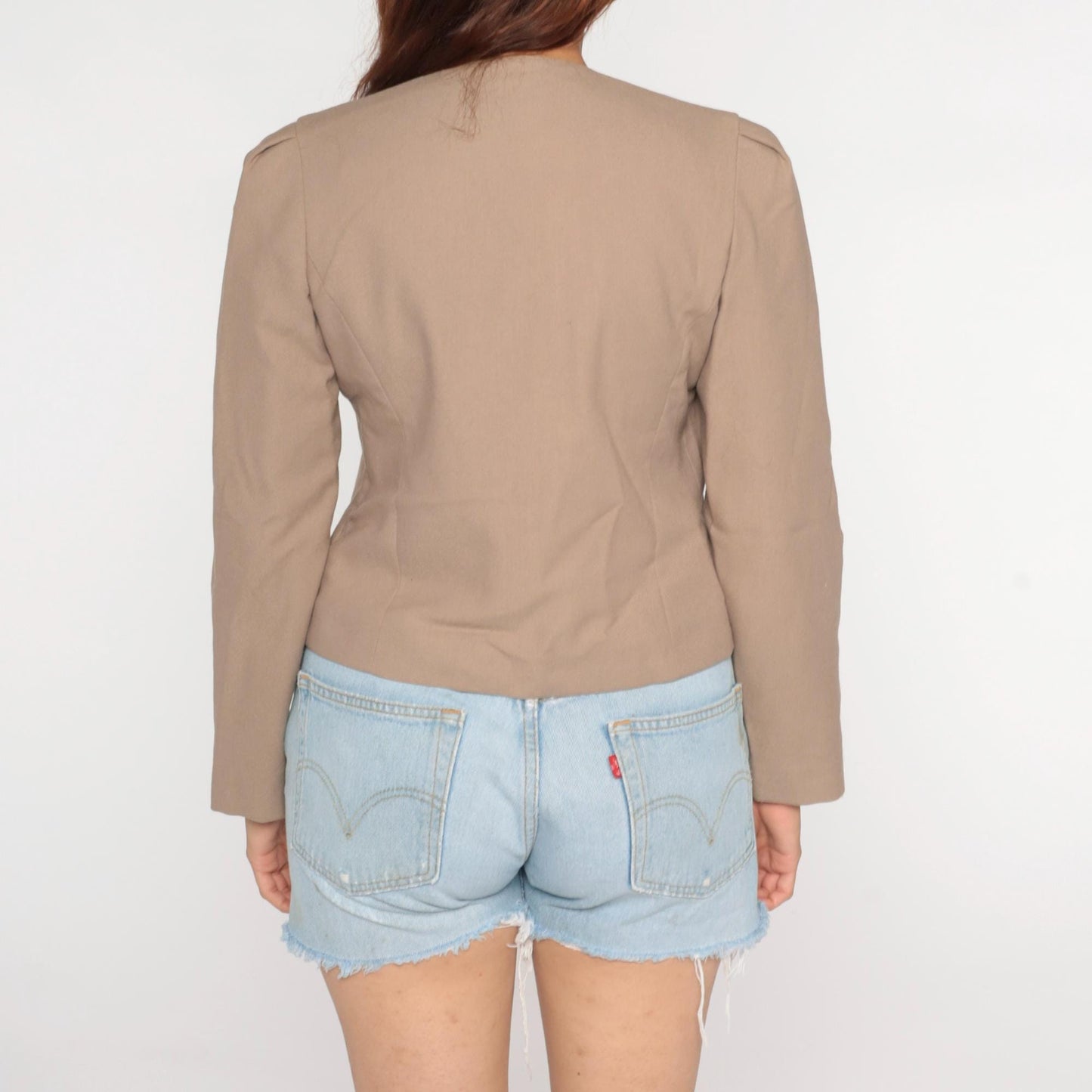 70s Joyce Sportswear Beige Embroidered Cropped Blazer Open Front Small