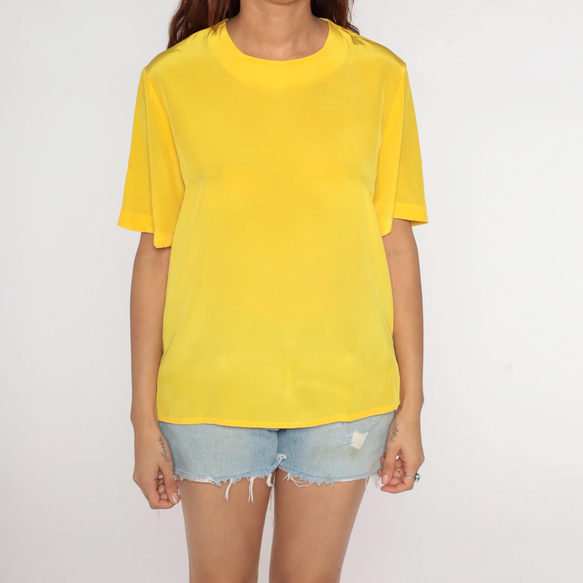 80s Yellow Short Sleeve Blouse Keyhole Back Button Medium