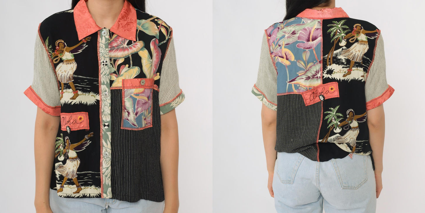 90s Faith Patchwork Hawaiian Shirt Tropical Print Button Front Small S