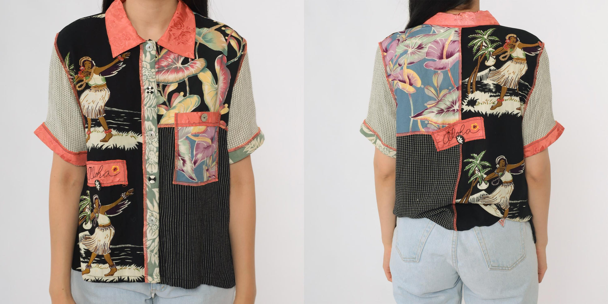 90s Faith Patchwork Hawaiian Shirt Tropical Print Button Front Small S