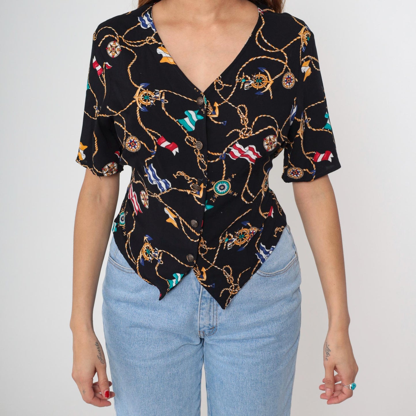 90s Kathie Lee Nautical Print Blouse Black Button-Front Short Sleeve Medium