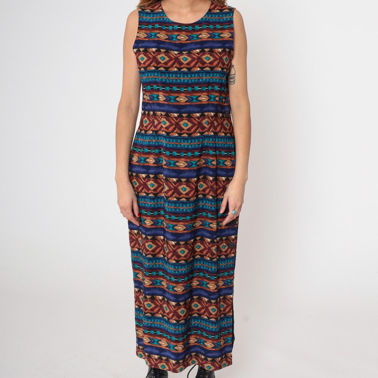 90s J Stevens Southwestern Geometric Maxi Dress Navy Sleeveless Medium M